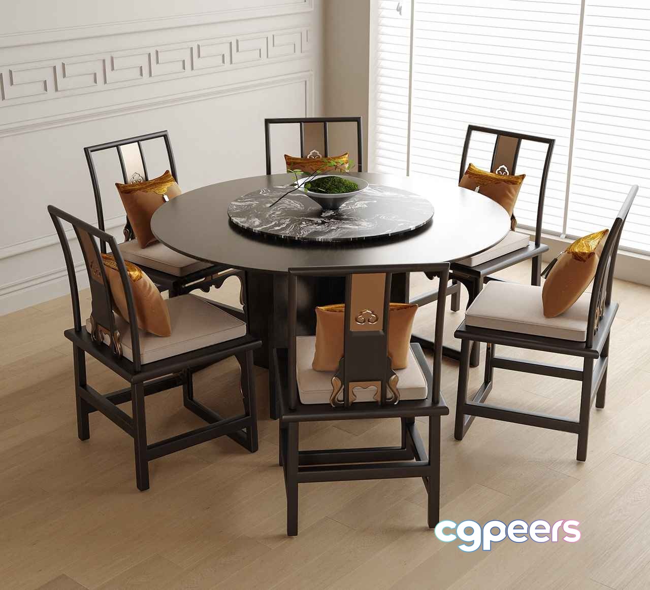 A Round Dining Table With Six Chairs 3D Model - 1642 - VRAY Render