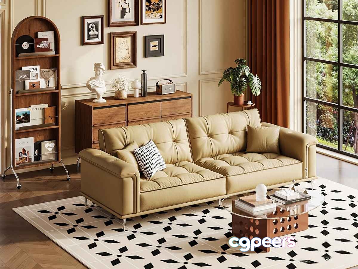 Cream-Colored Leather Couch 3D Model - 3991 - VRAY Render Cream-Colored Leather Couch 3D Model - 3991 - VRAY Render