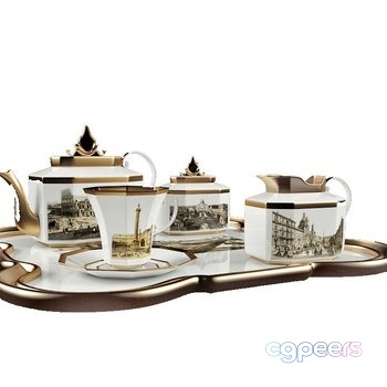 A Gold And White Tea Set 3D Model - 9809 - VRAY Render