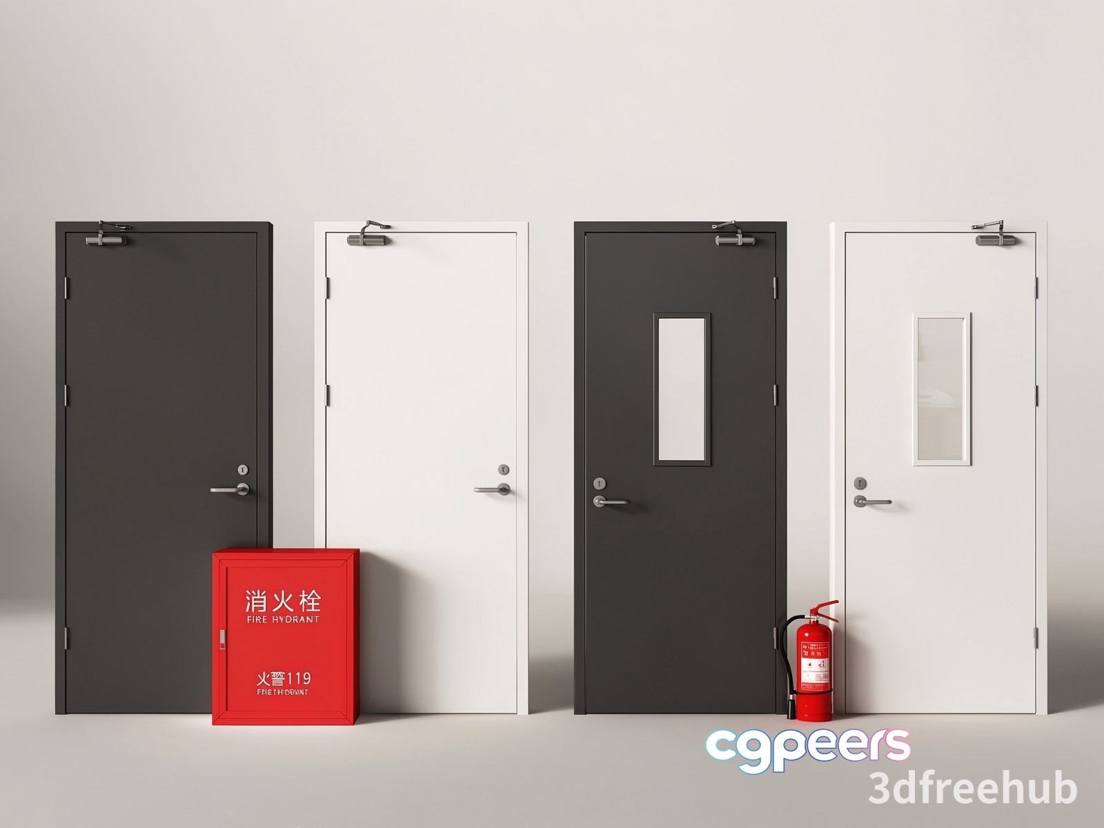 Four Doors And A Fire Hydrant 3D Model - 21227 - VRAY Render Four Doors And A Fire Hydrant 3D Model - 21227 - VRAY Render