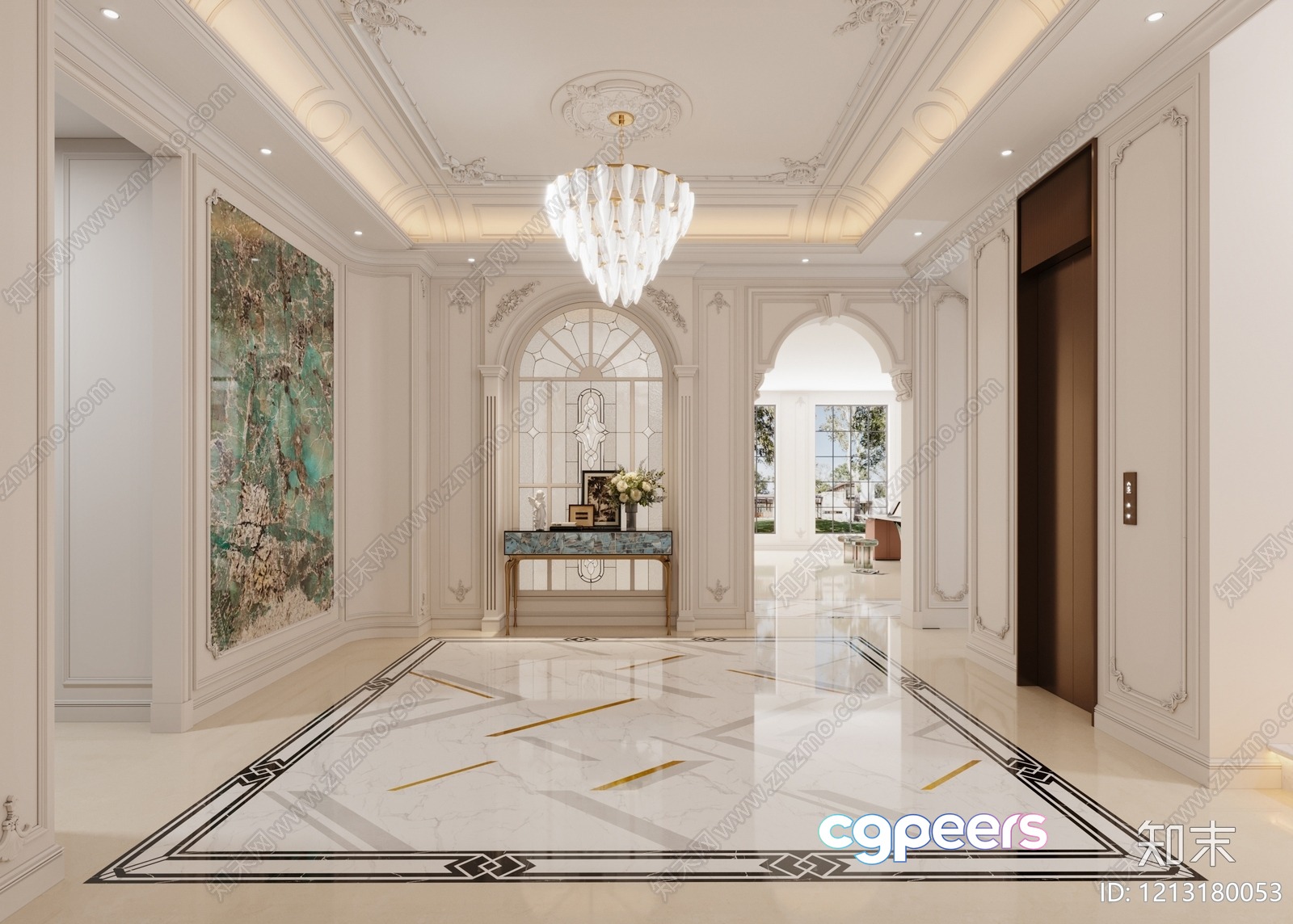 A Luxurious Hallway With White And Gold Decor 3D Model - 5516 - VRAY Render