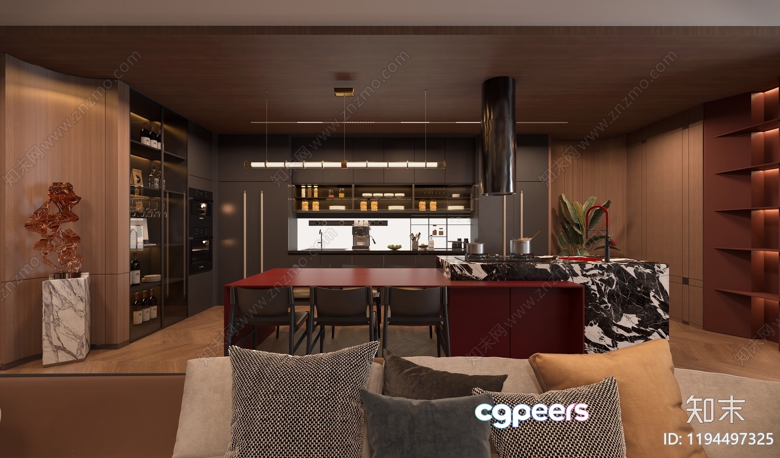 Modern Kitchen With A Dining Area 3D Model - 15902 - VRAY Render