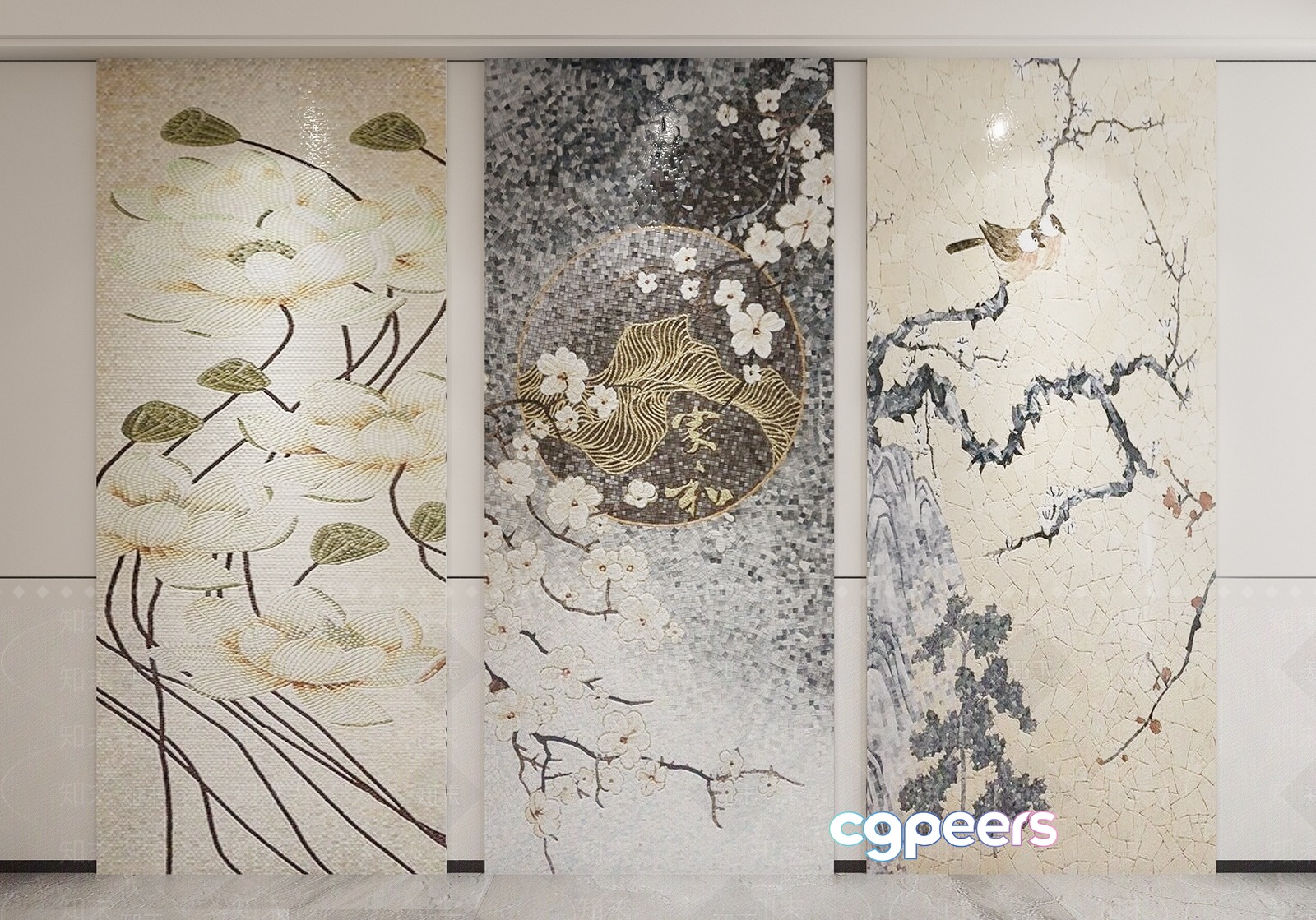 Three Large Asian-Style Panels 3D Model - 20120 - VRAY Render Three Large Asian-Style Panels 3D Model - 20120 - VRAY Render
