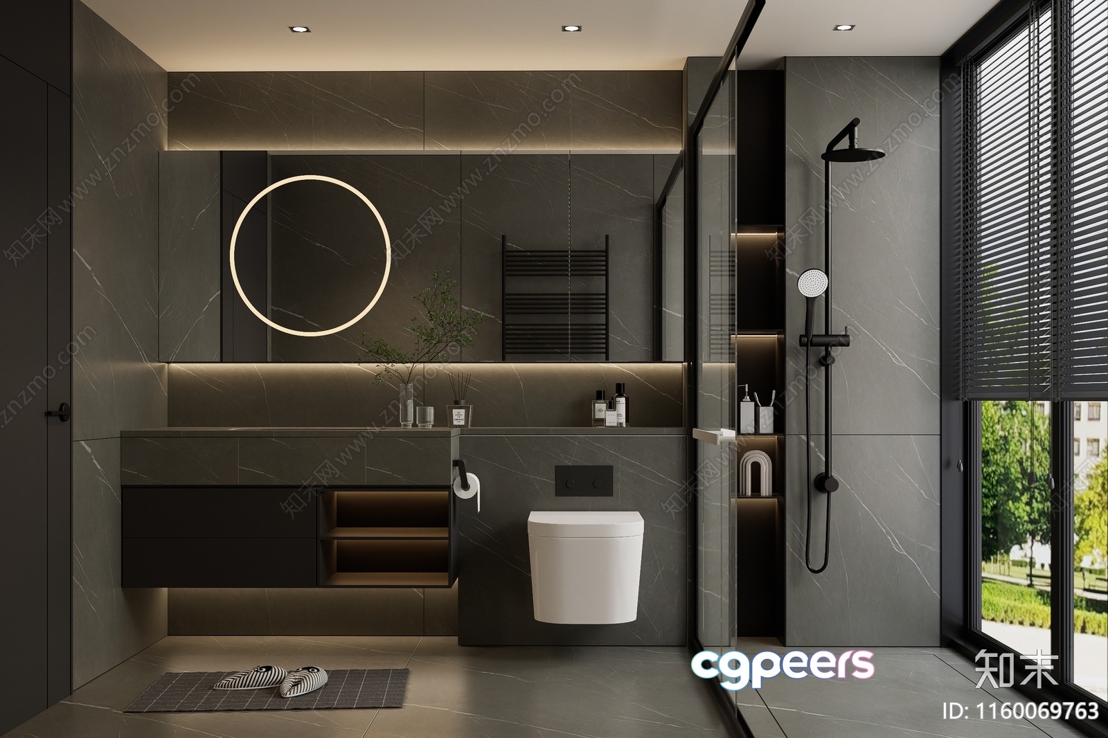 Modern Bathroom With Dark Grey Tiles And A White Toilet 3D Model - 7024 - VRAY Render