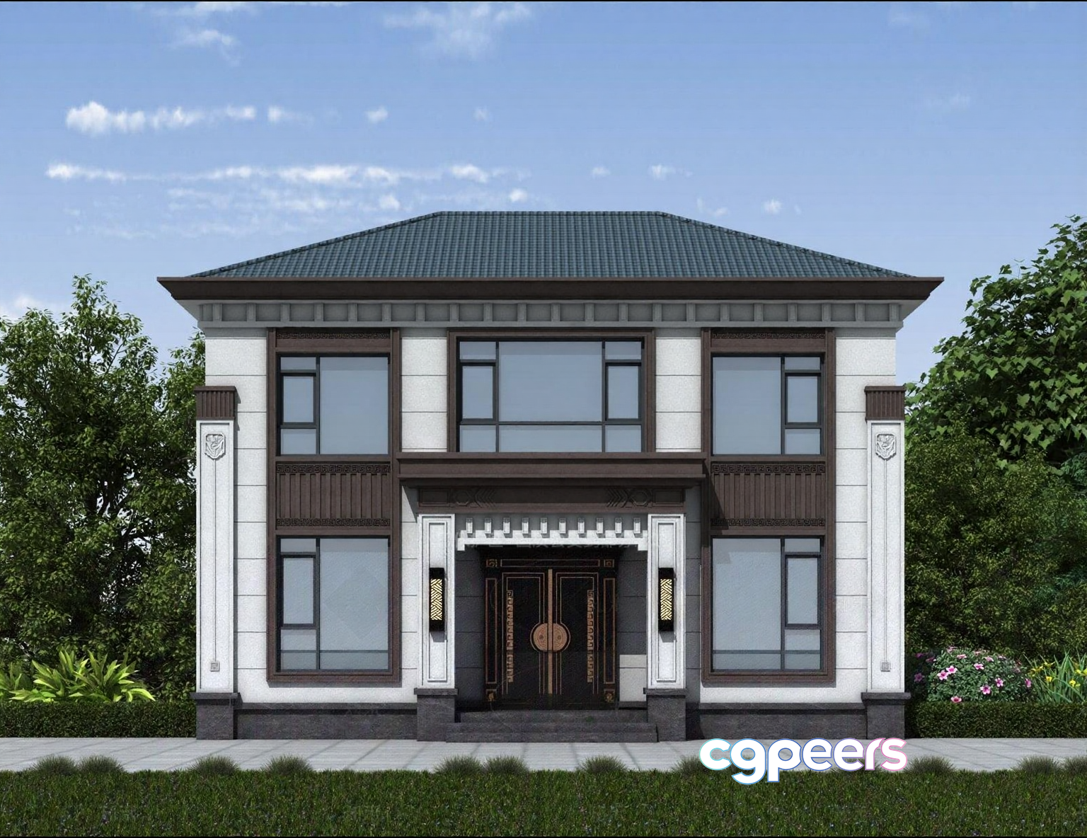 Two-Story House With A Green Roof 3D Model - 7146 - VRAY Render