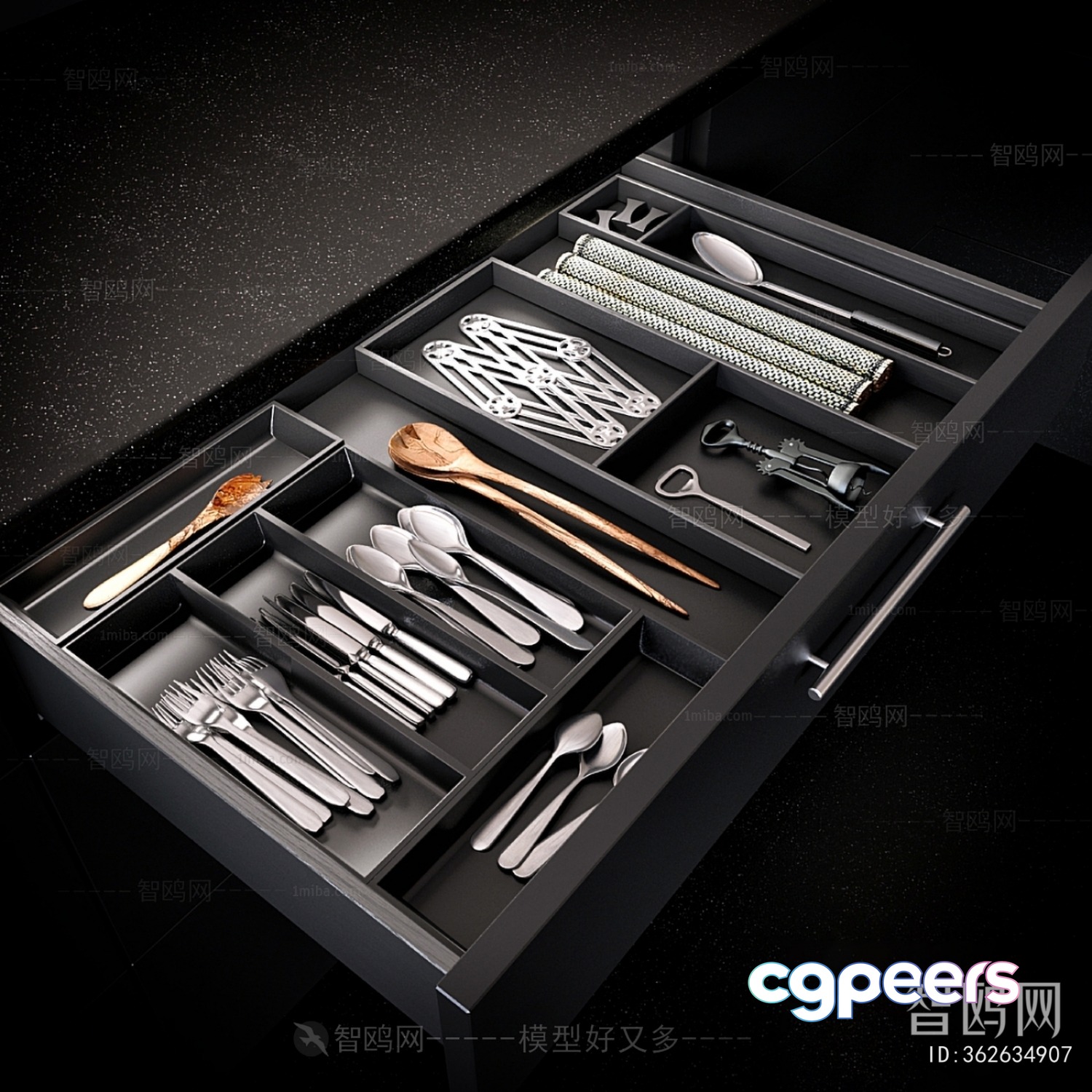 A Drawer With Various Utensils 3D Model - 22220 - VRAY Render