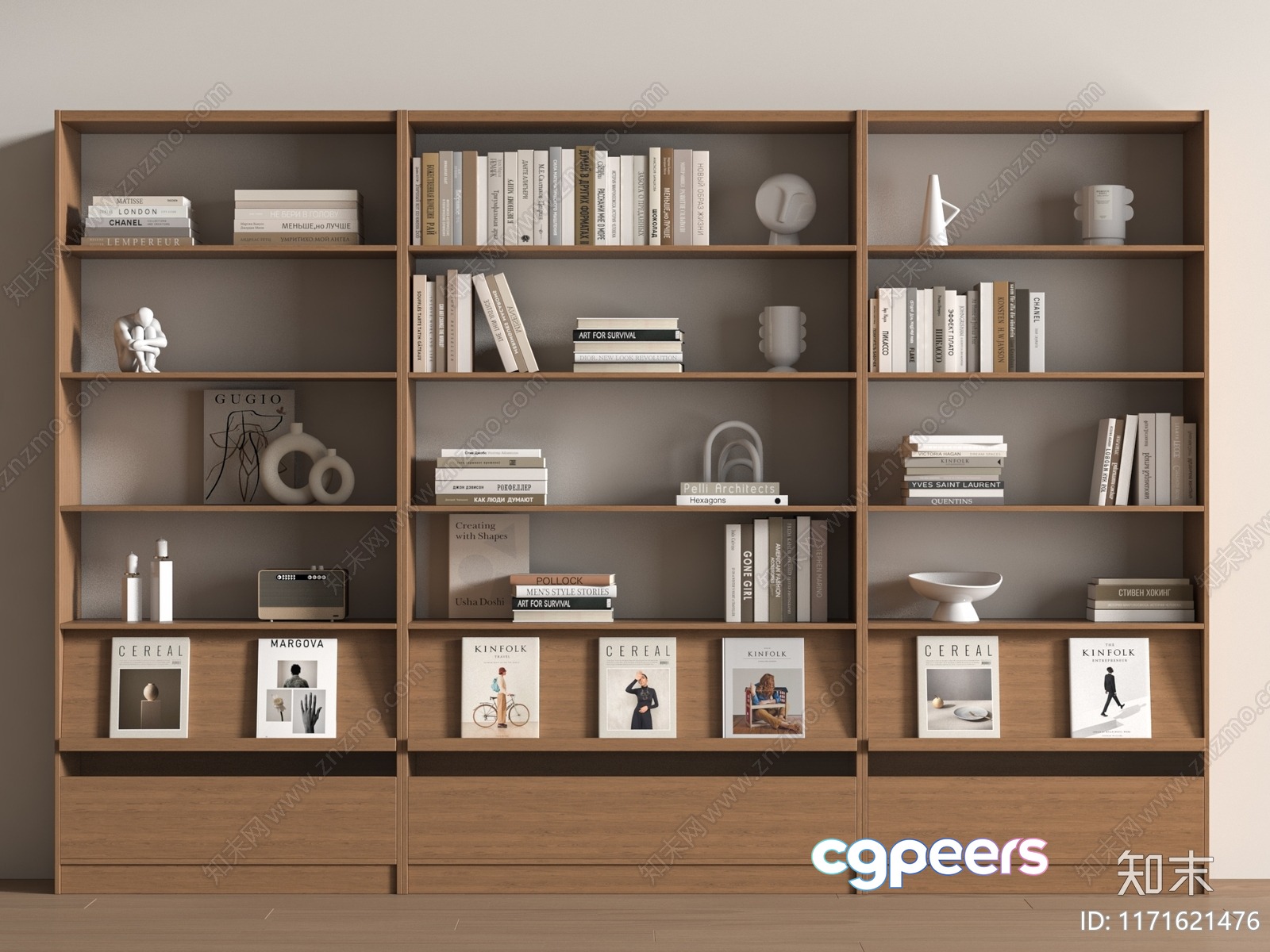 Wooden Bookshelf With Decorations 3D Model - 11772 - VRAY Render Wooden Bookshelf With Decorations 3D Model - 11772 - VRAY Render