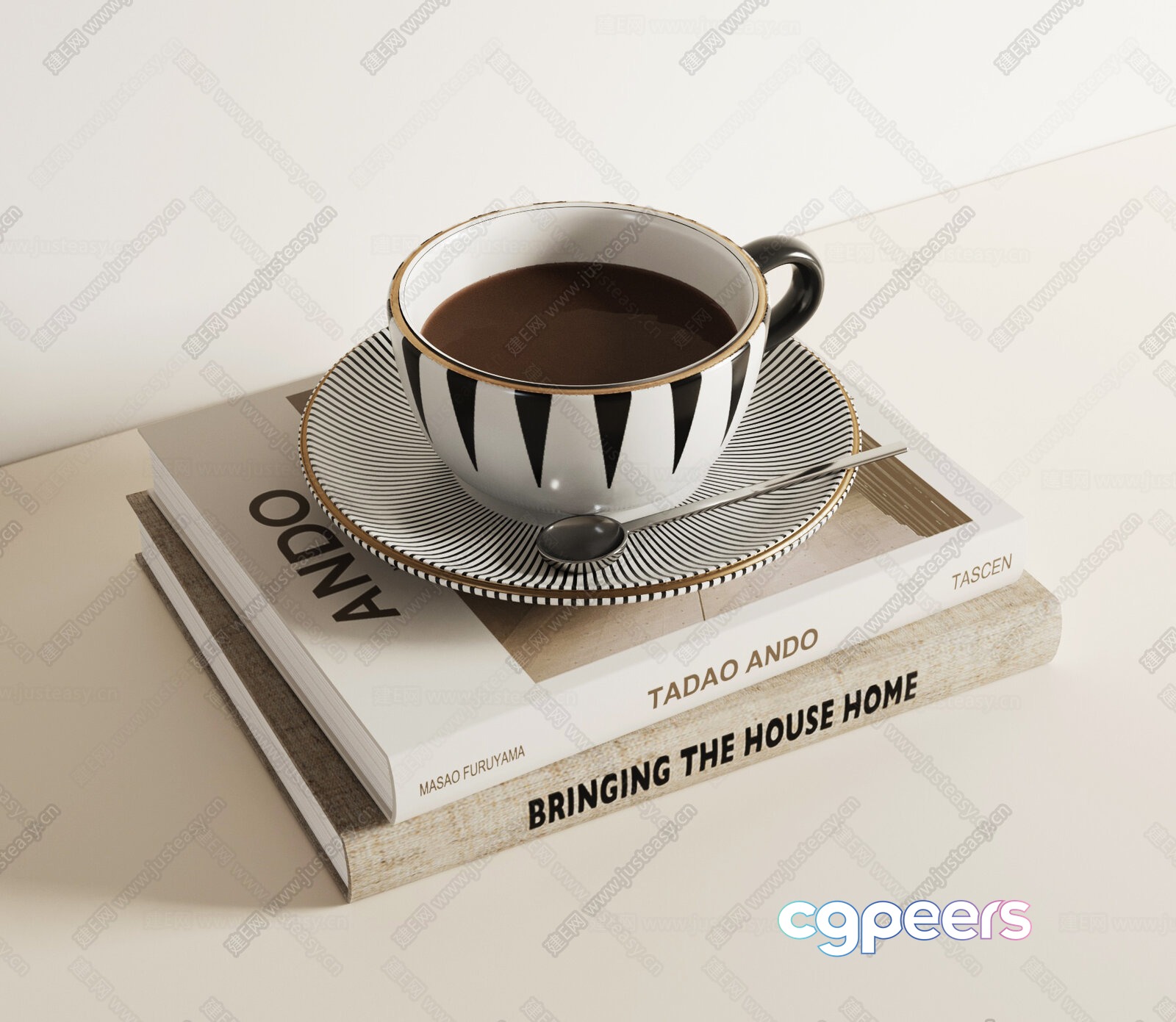 A Stack Of Books With A Cup Of Coffee On Top 3D Model - 17348 - VRAY Render