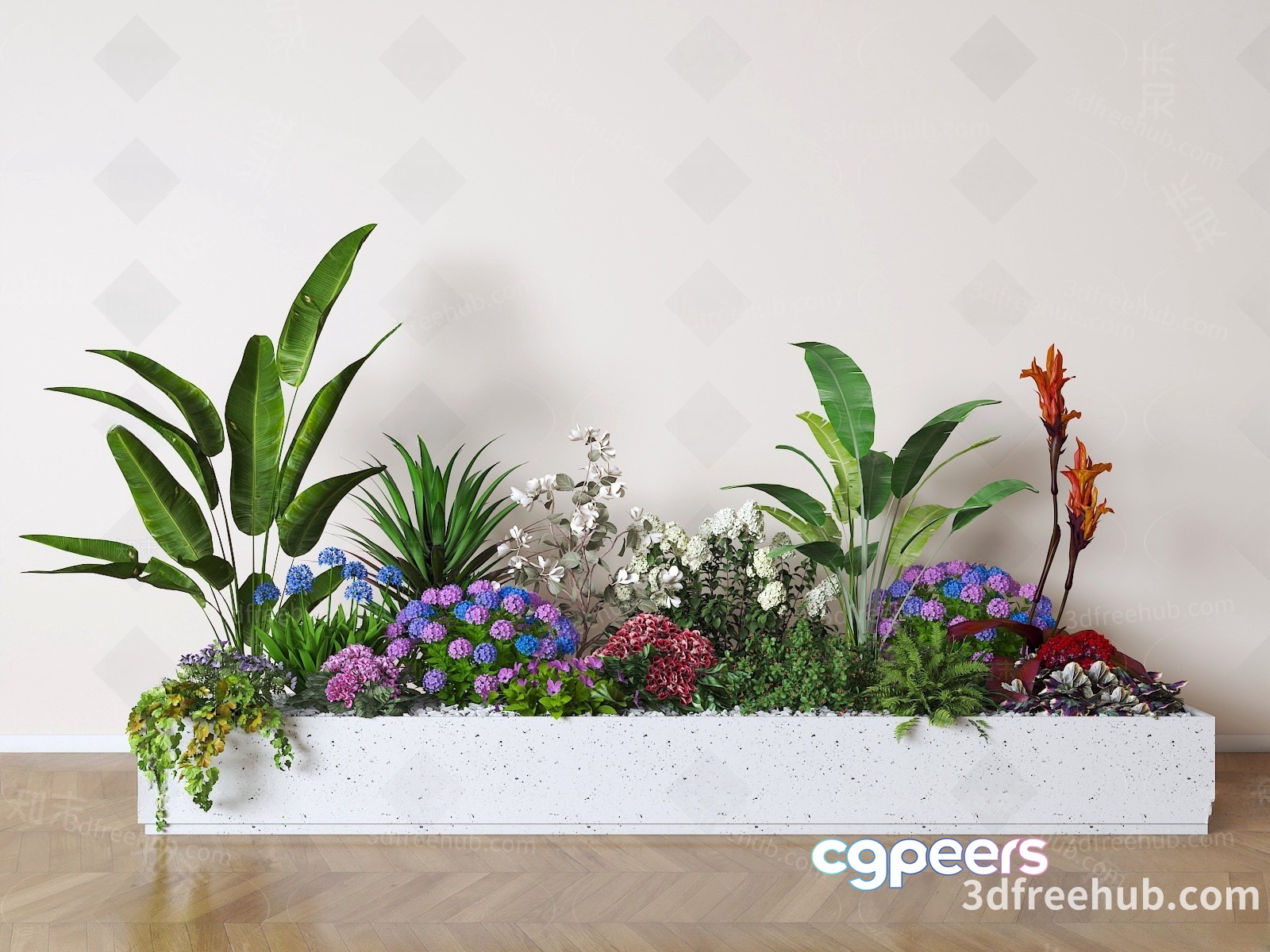 A Large White Planter Filled With Various Plants 3D Model - 23574 - VRAY Render