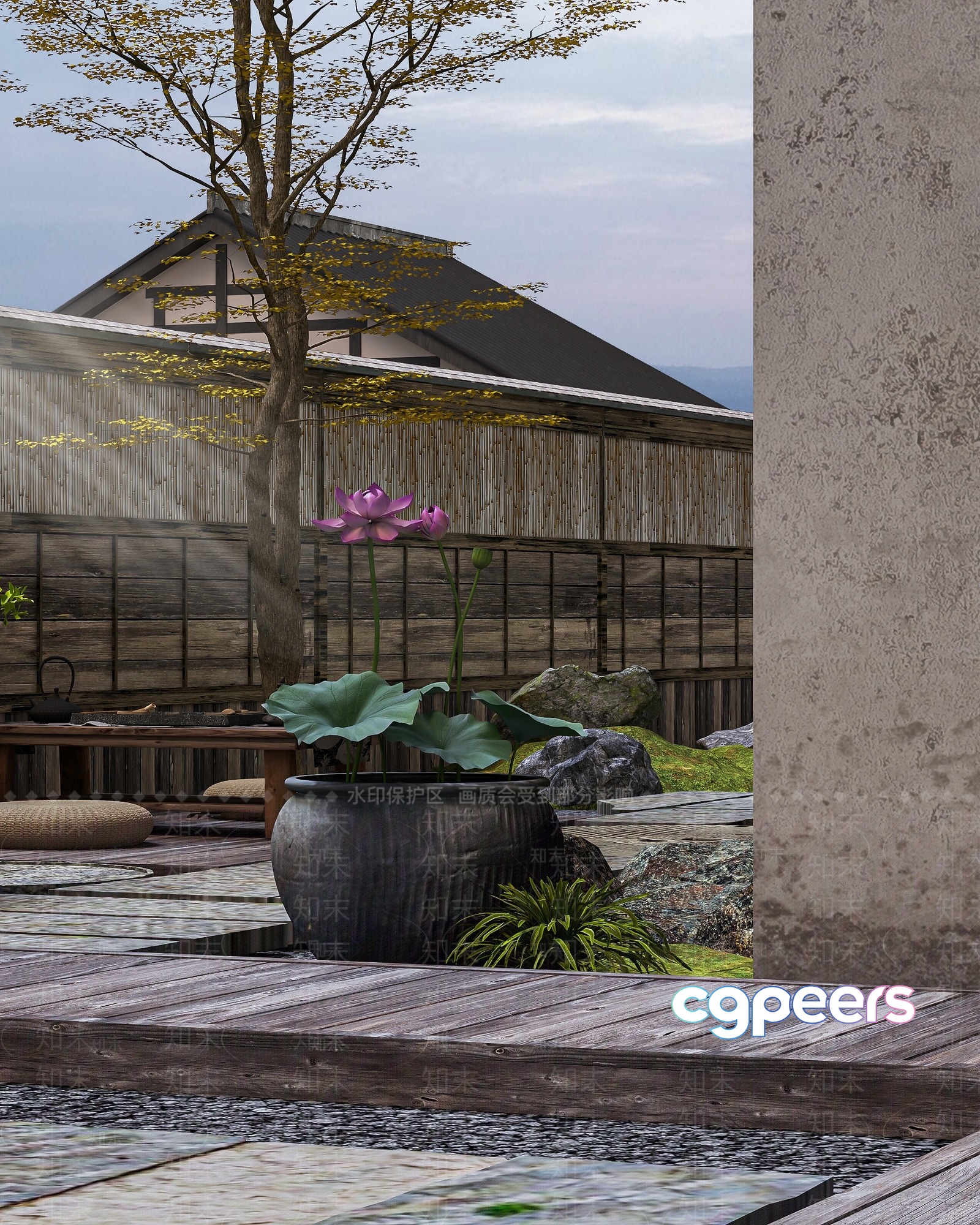 A Japanese-Style Garden With A Wooden Deck 3D Model - 16046 - VRAY Render