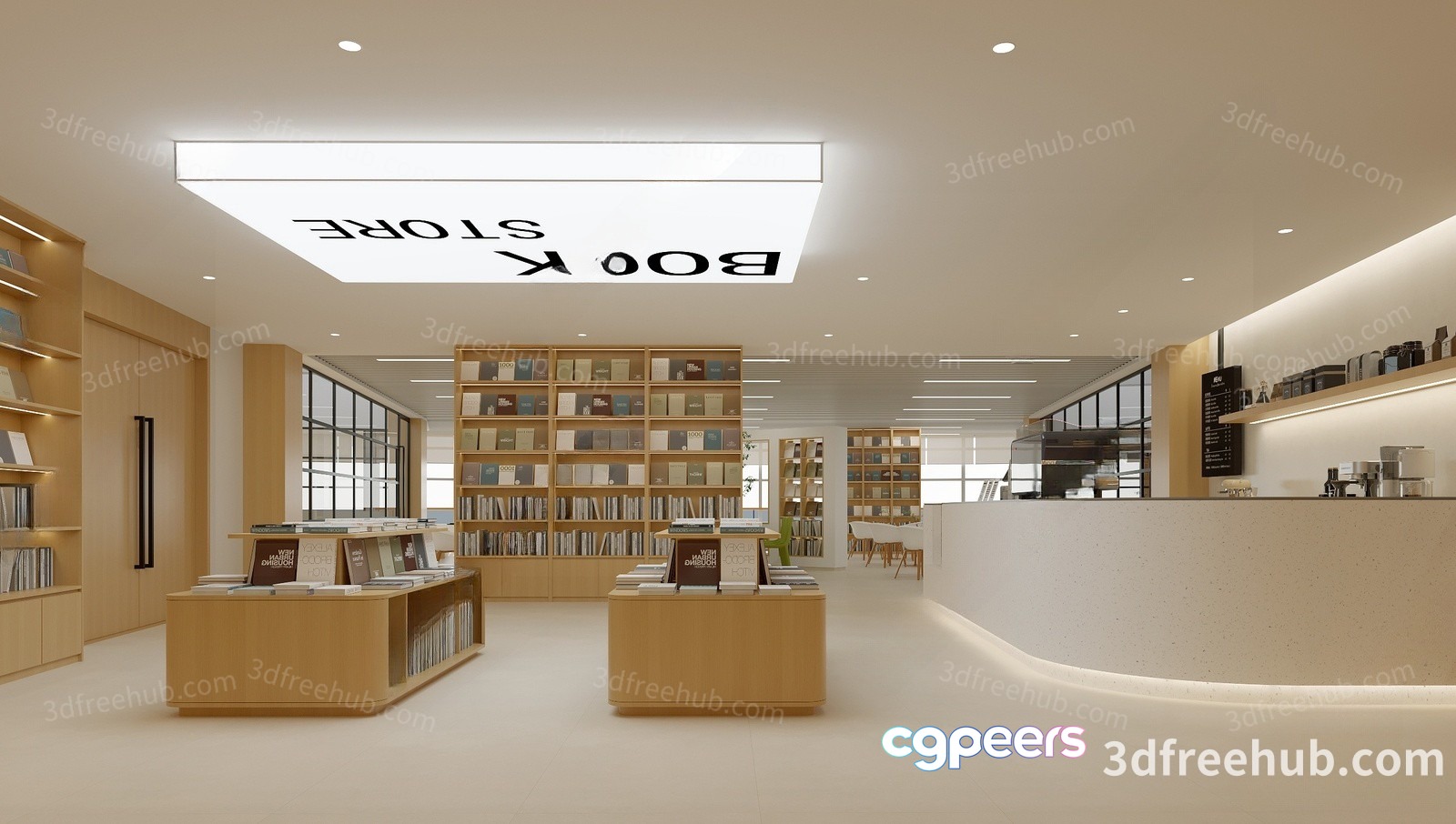 A Bookstore Interior With Wooden Shelving 3D Model - 22945 - VRAY Render A Bookstore Interior With Wooden Shelving 3D Model - 22945 - VRAY Render