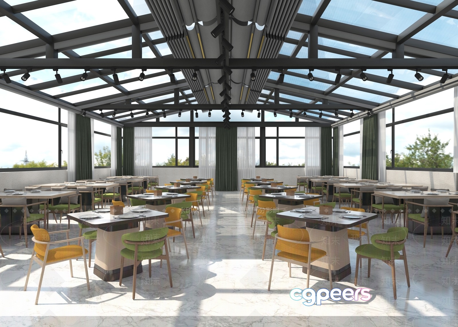 A Large Dining Room With A High Ceiling 3D Model - 10158 - VRAY Render A Large Dining Room With A High Ceiling 3D Model - 10158 - VRAY Render