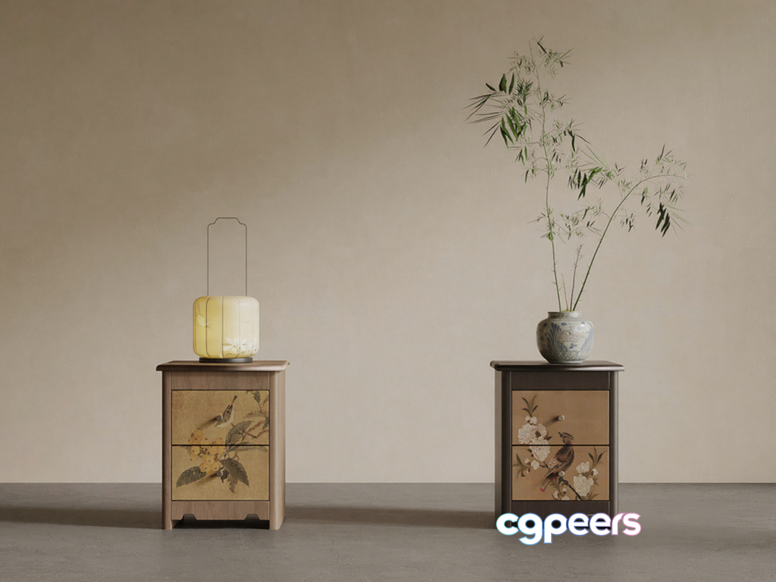 Two Small Wooden Nightstands With Floral Designs 3D Model - 6724 - VRAY Render Two Small Wooden Nightstands With Floral Designs 3D Model - 6724 - VRAY Render
