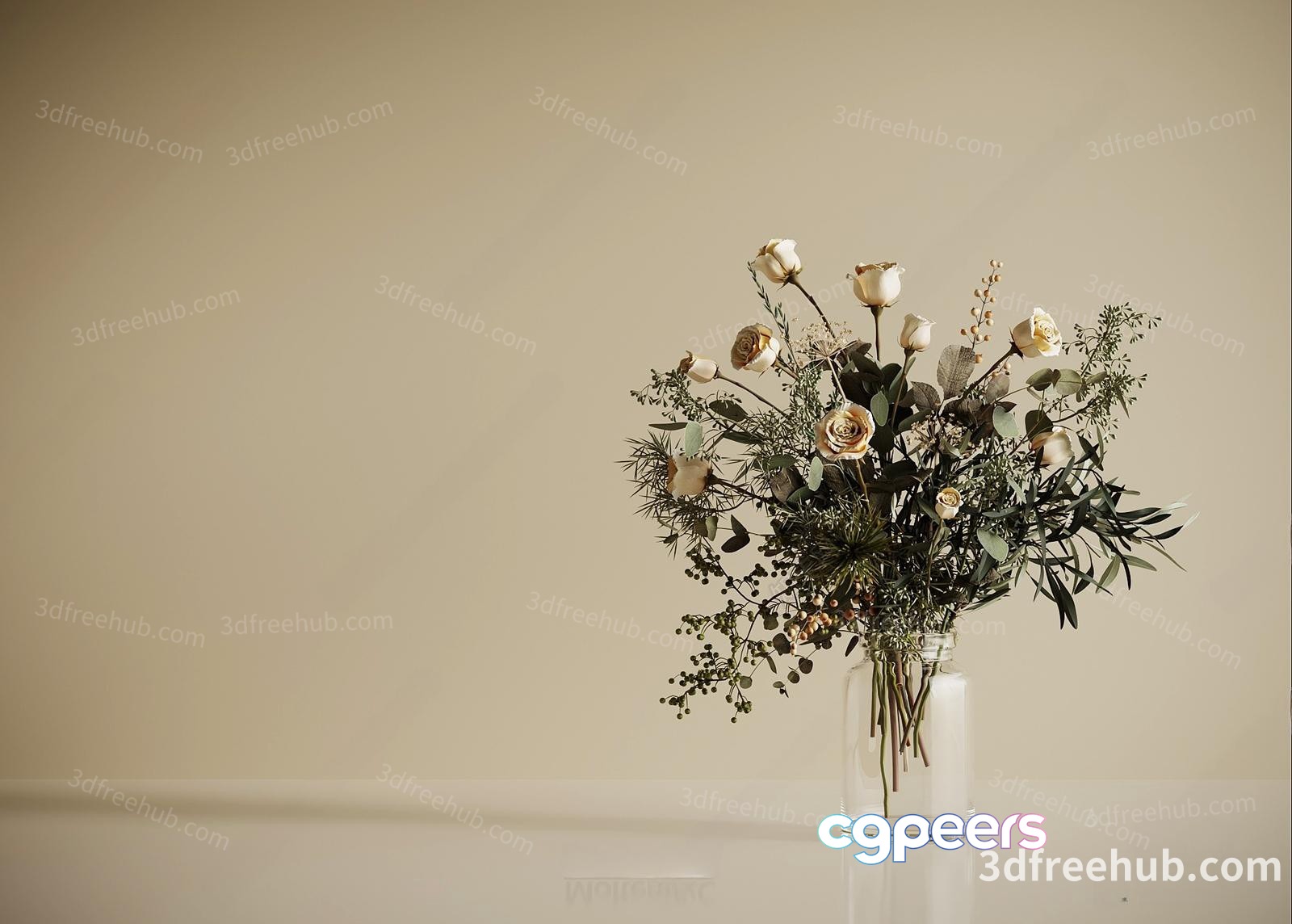 A Clear Glass Vase With White Flowers And Greenery 3D Model - 21243 - VRAY Render A Clear Glass Vase With White Flowers And Greenery 3D Model - 21243 - VRAY Render
