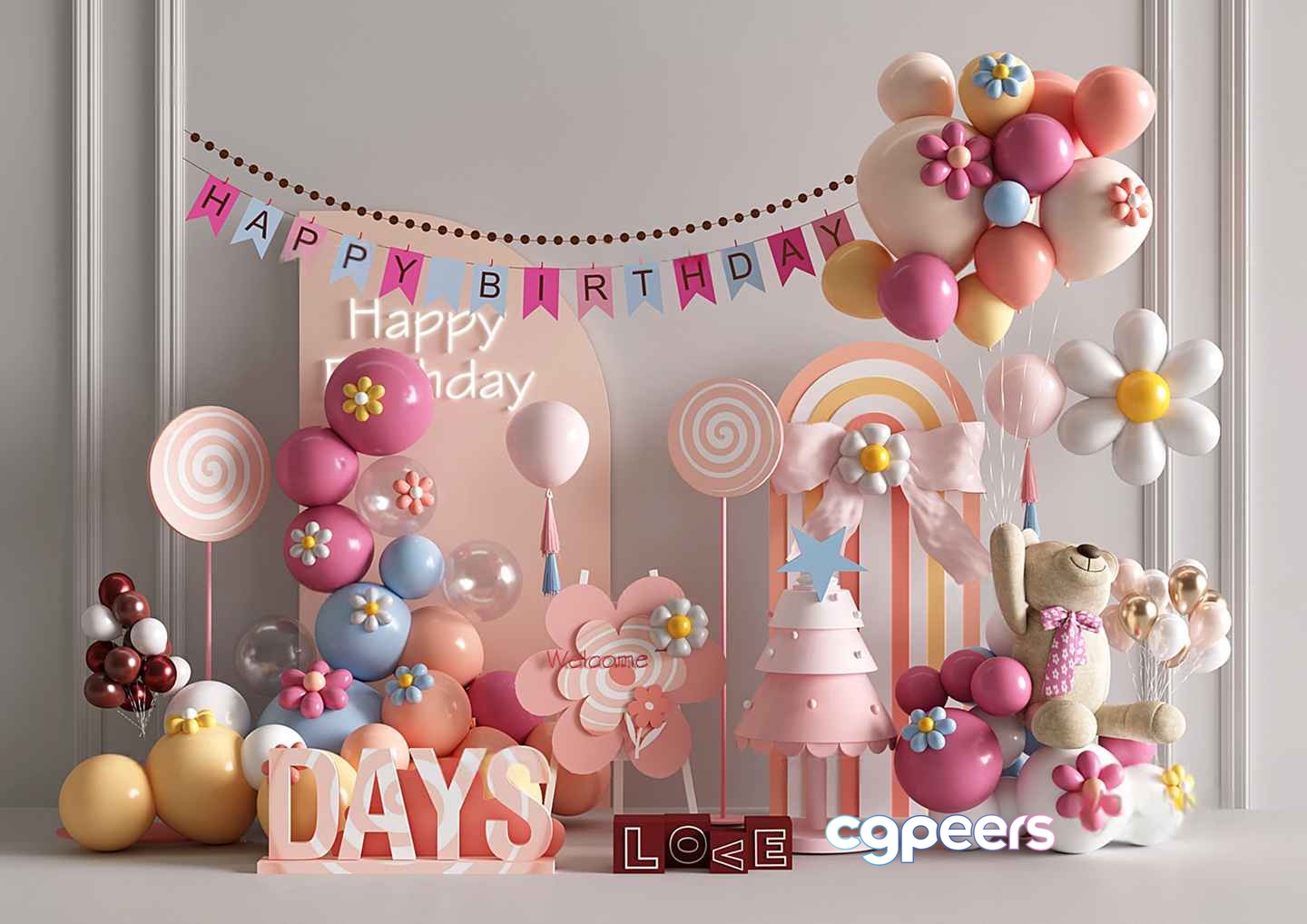 Pastel Birthday Decorations 3D Model - 3133 - VRAY Render Pastel Birthday Decorations 3D Model - 3133 - VRAY Render