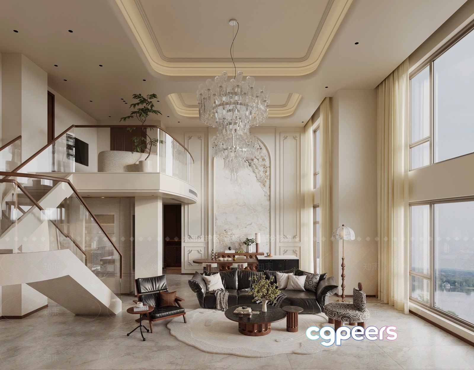 Modern High Ceiling Living Room 3D Model - 20612 - CORONA Render