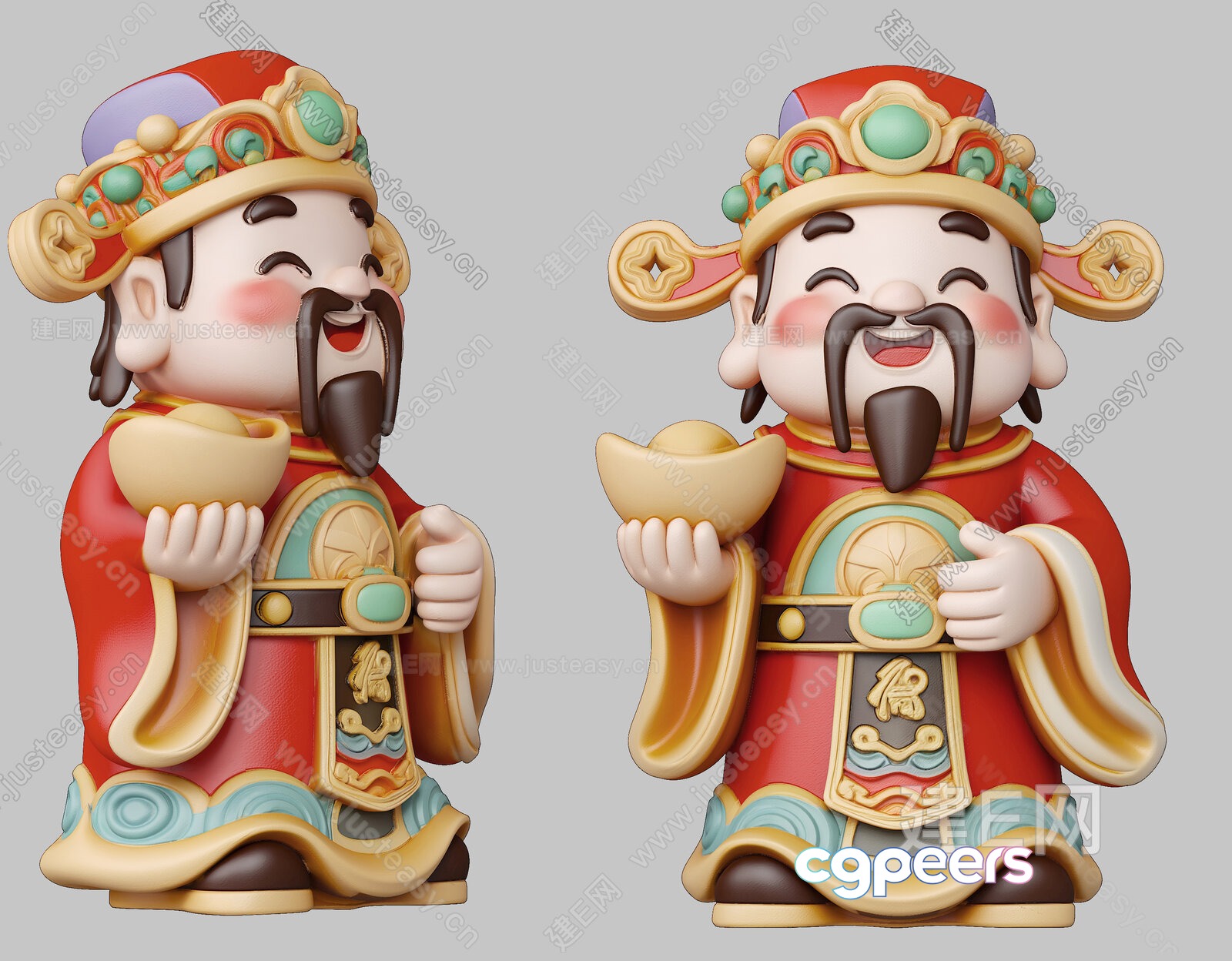 Two Cartoon Statues Of Chinese Men Holding Gold Ingots 3D Model - 4625 - VRAY Render