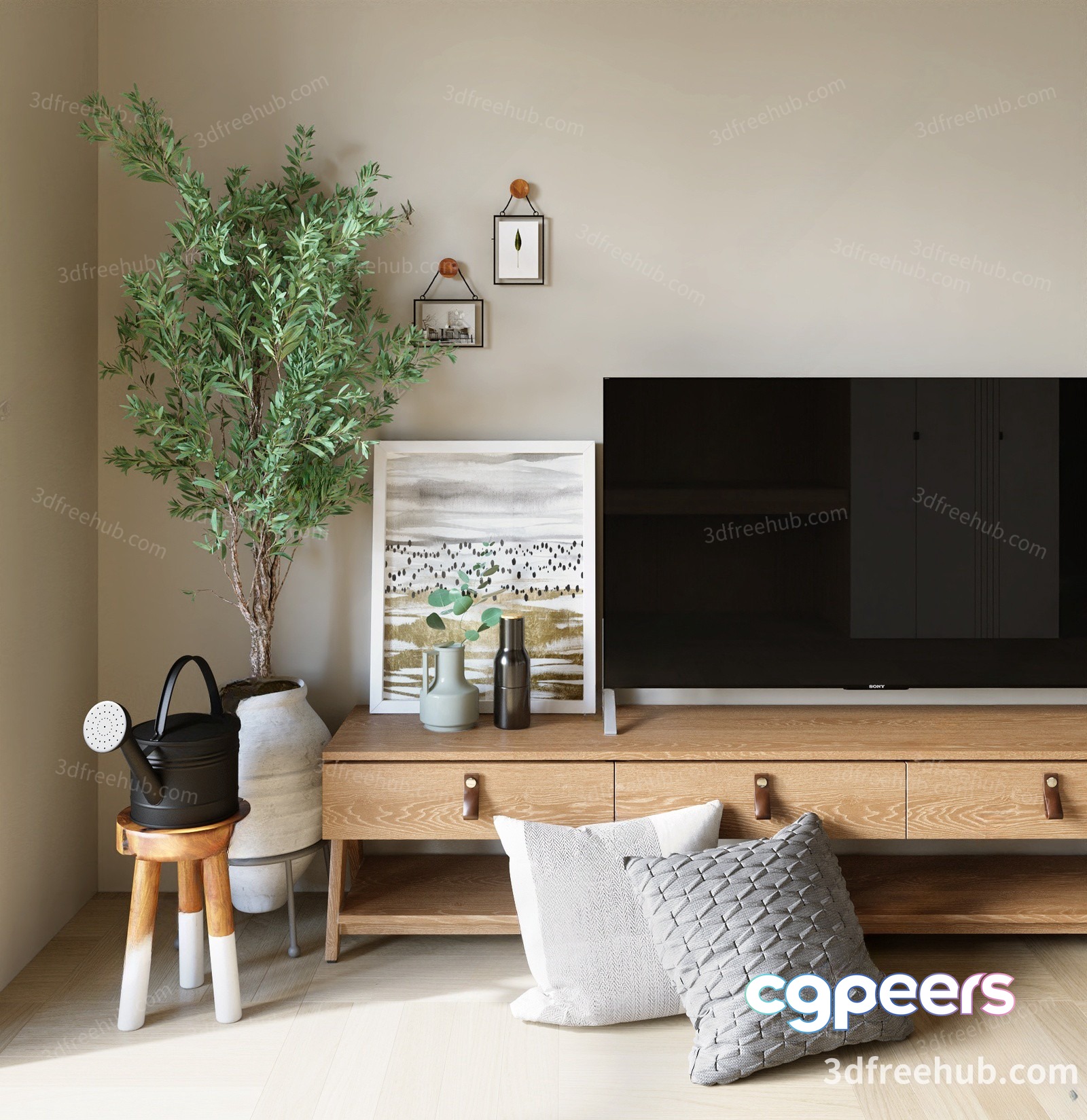 The Main Subject In This Image Is A Tv On A Wooden Entertainment Center 3D Model - 21201 - VRAY Render