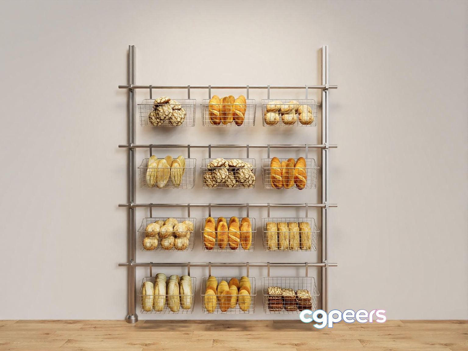 A Metal Shelving Unit With Bread Baskets 3D Model - 14279 - CORONA Render