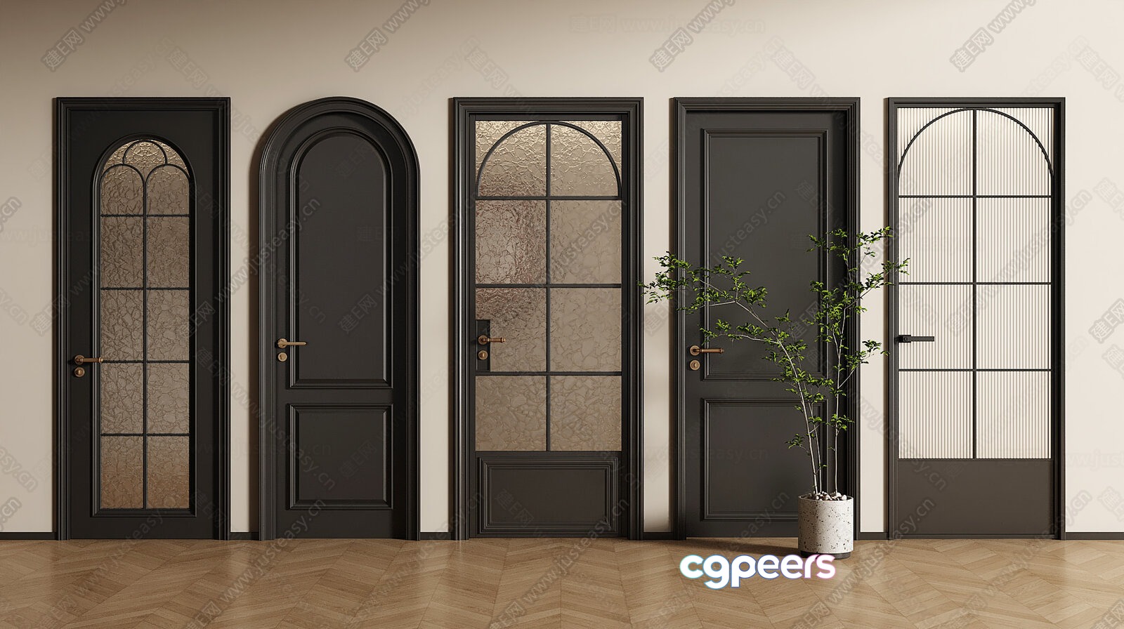 Five Doors. The Doors Are Black 3D Model - 5095 - VRAY Render Five Doors. The Doors Are Black 3D Model - 5095 - VRAY Render