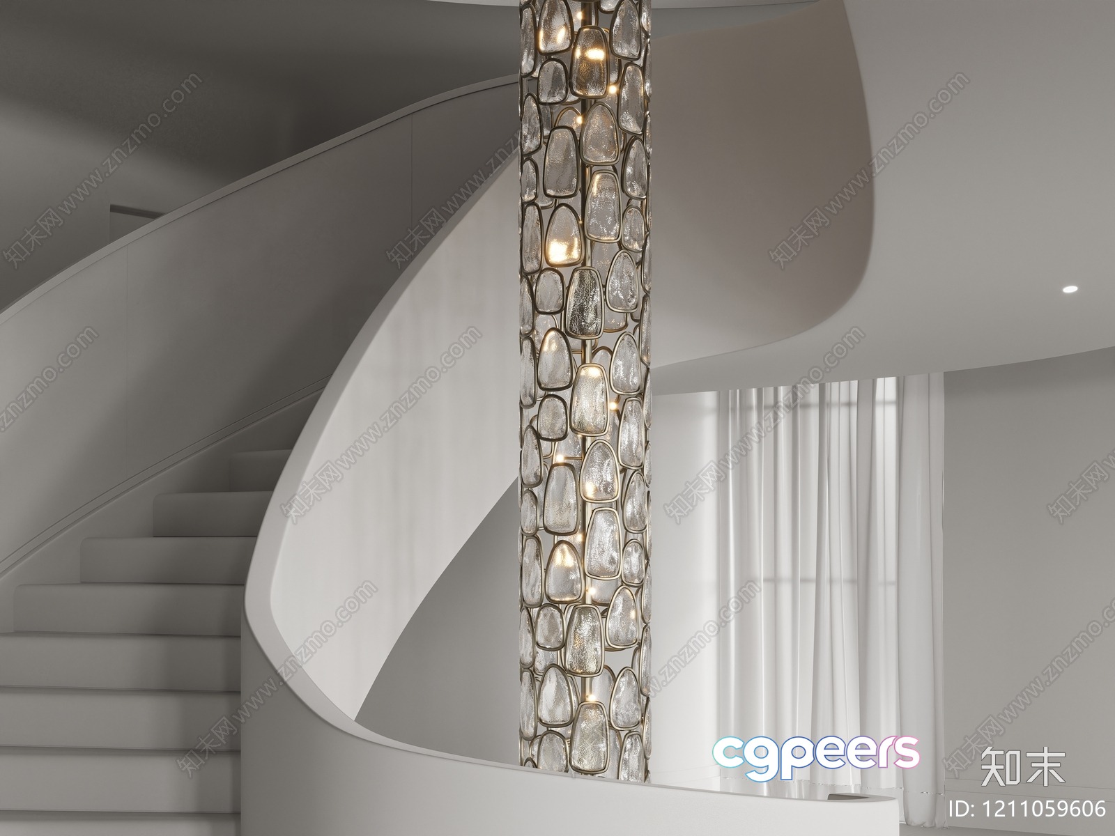 A Modern Staircase With A Glass Light Fixture 3D Model - 933 - VRAY Render