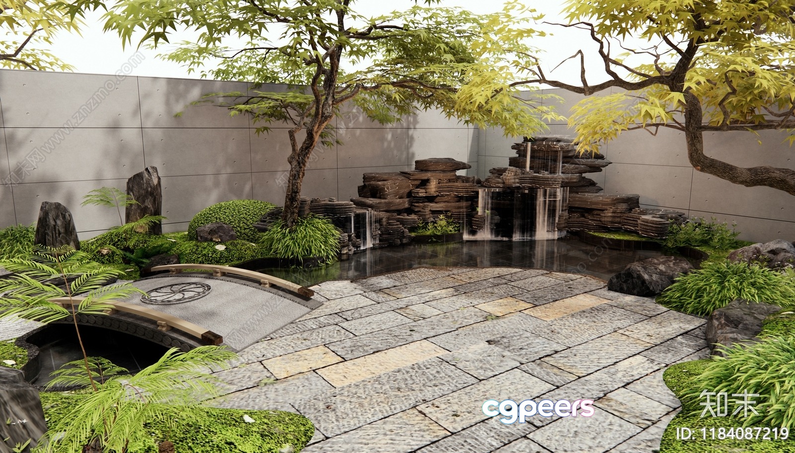 Japanese-Style Garden With Stone Path Pond And Bridge 3D Model - 12969 - VRAY Render