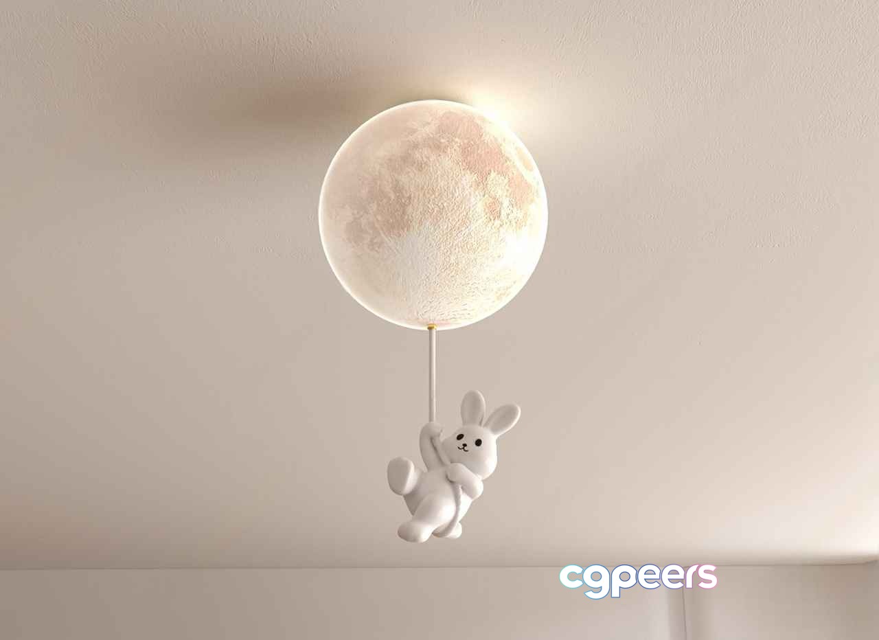 A White Rabbit Figurine Hanging From A Moon-Shaped Lamp 3D Model - 4256 - VRAY Render