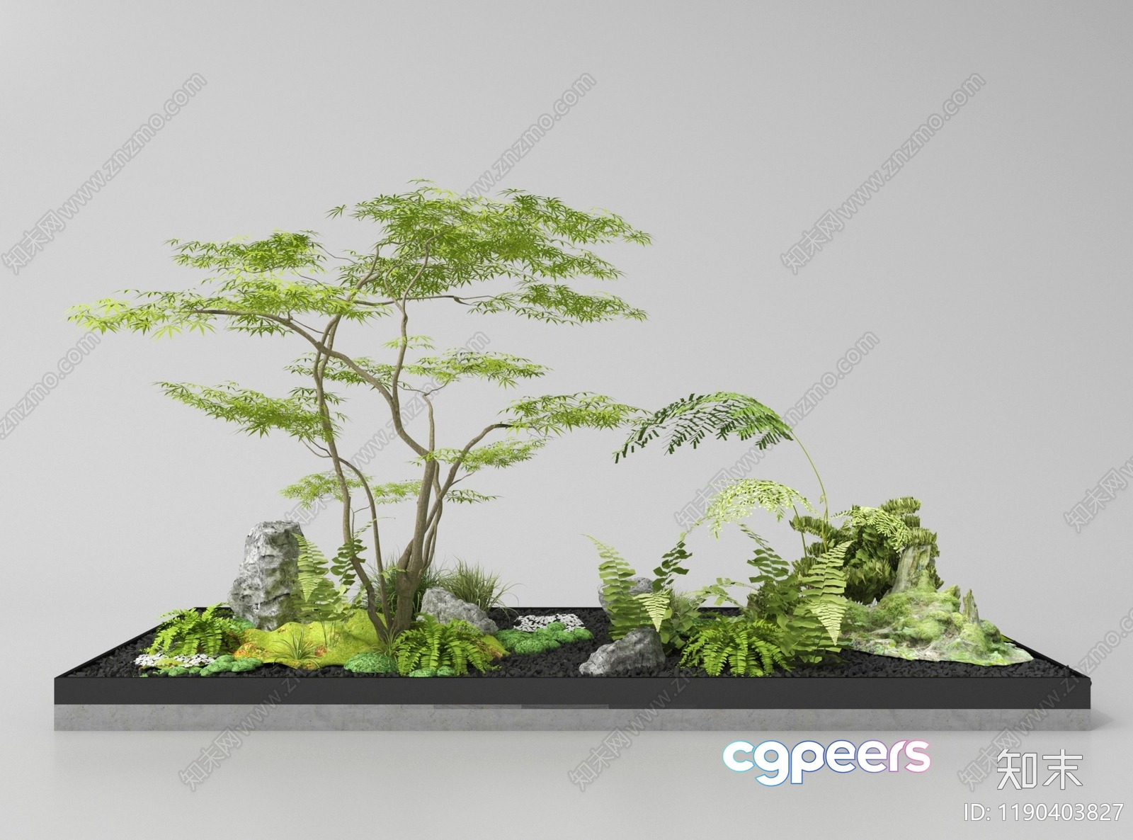 A Japanese Garden With A Tree And Rocks 3D Model - 20471 - VRAY Render