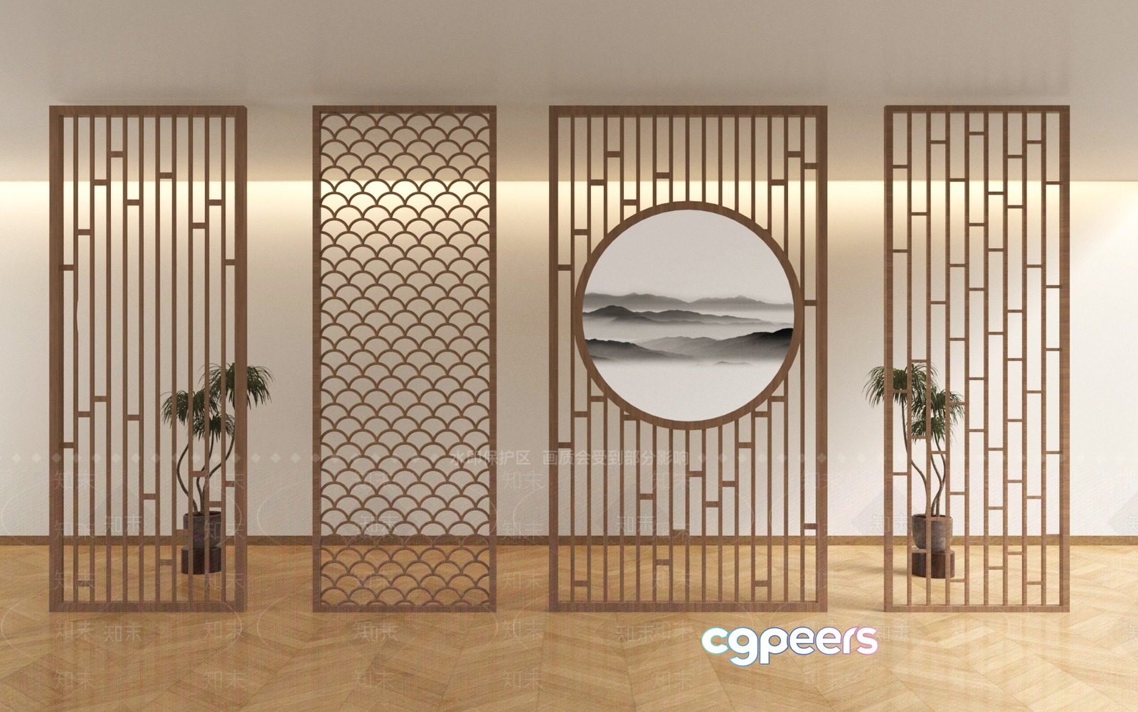 A Decorative Screen With A Circular Landscape Painting 3D Model - 10496 - VRAY Render
