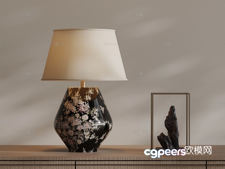 A Black Lamp With A Floral Design And A Beige Lampshade 3D Model - 12146 - VRAY Render