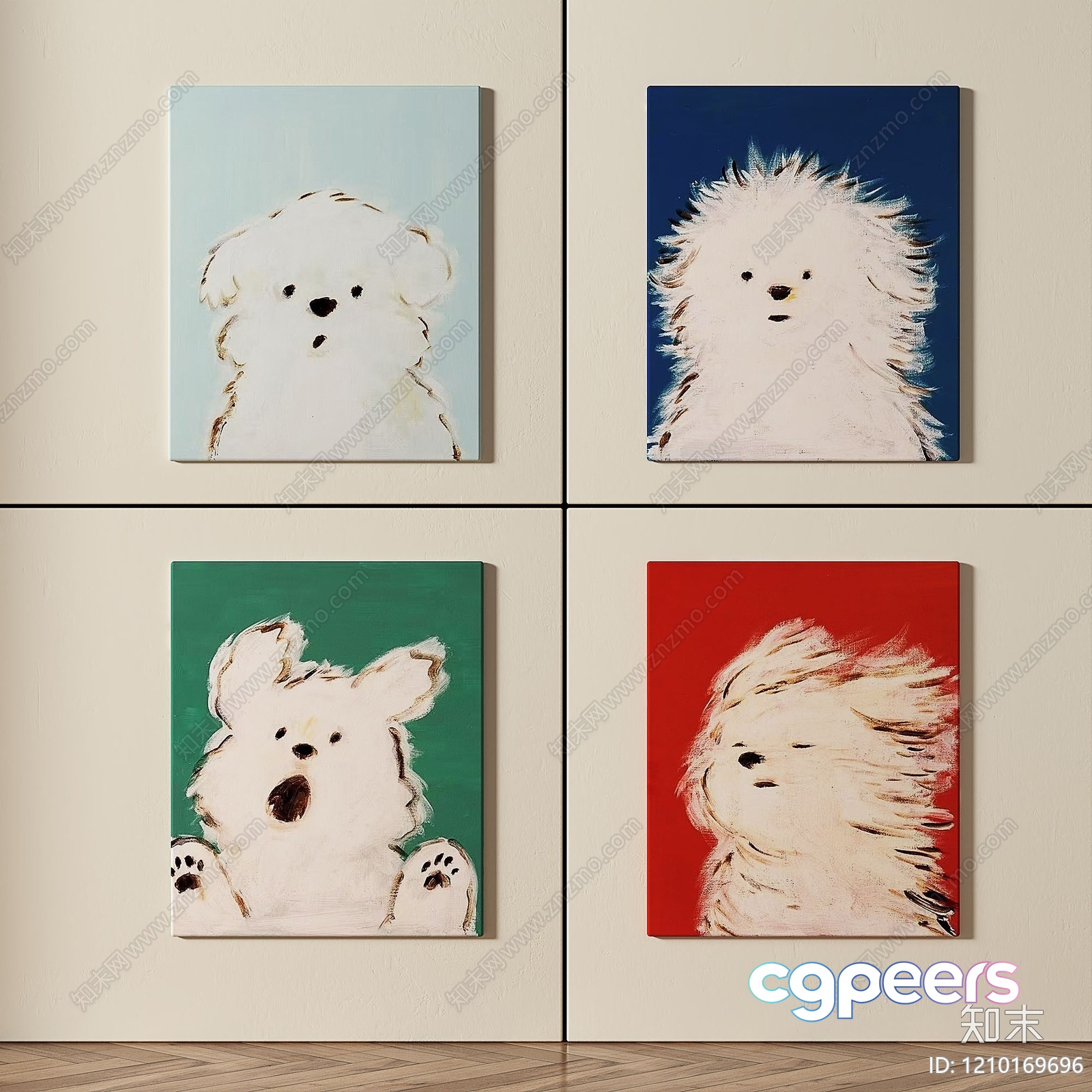 Four Paintings Of Dogs On A Wall 3D Model - 4991 - VRAY Render