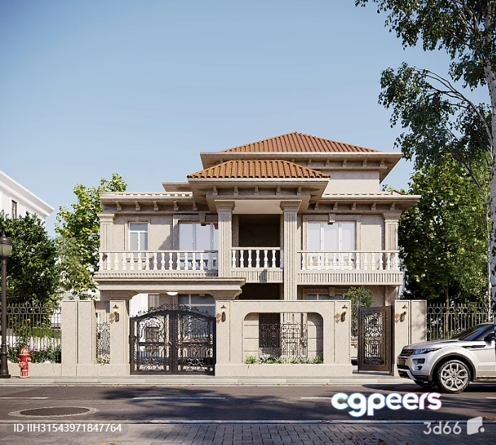 A Large House With A Car Parked In Front 3D Model - 2836 - VRAY Render