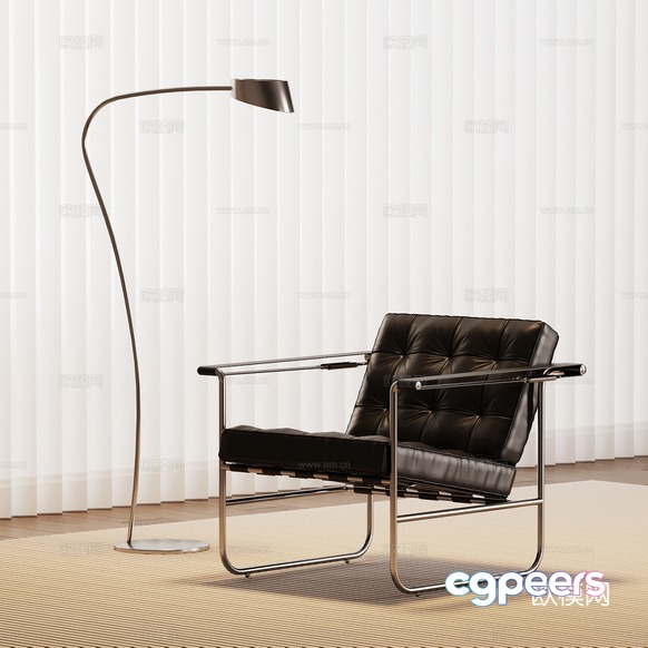 Modern Black Leather Chair And Silver Floor Lamp 3D Model - 6782 - VRAY Render