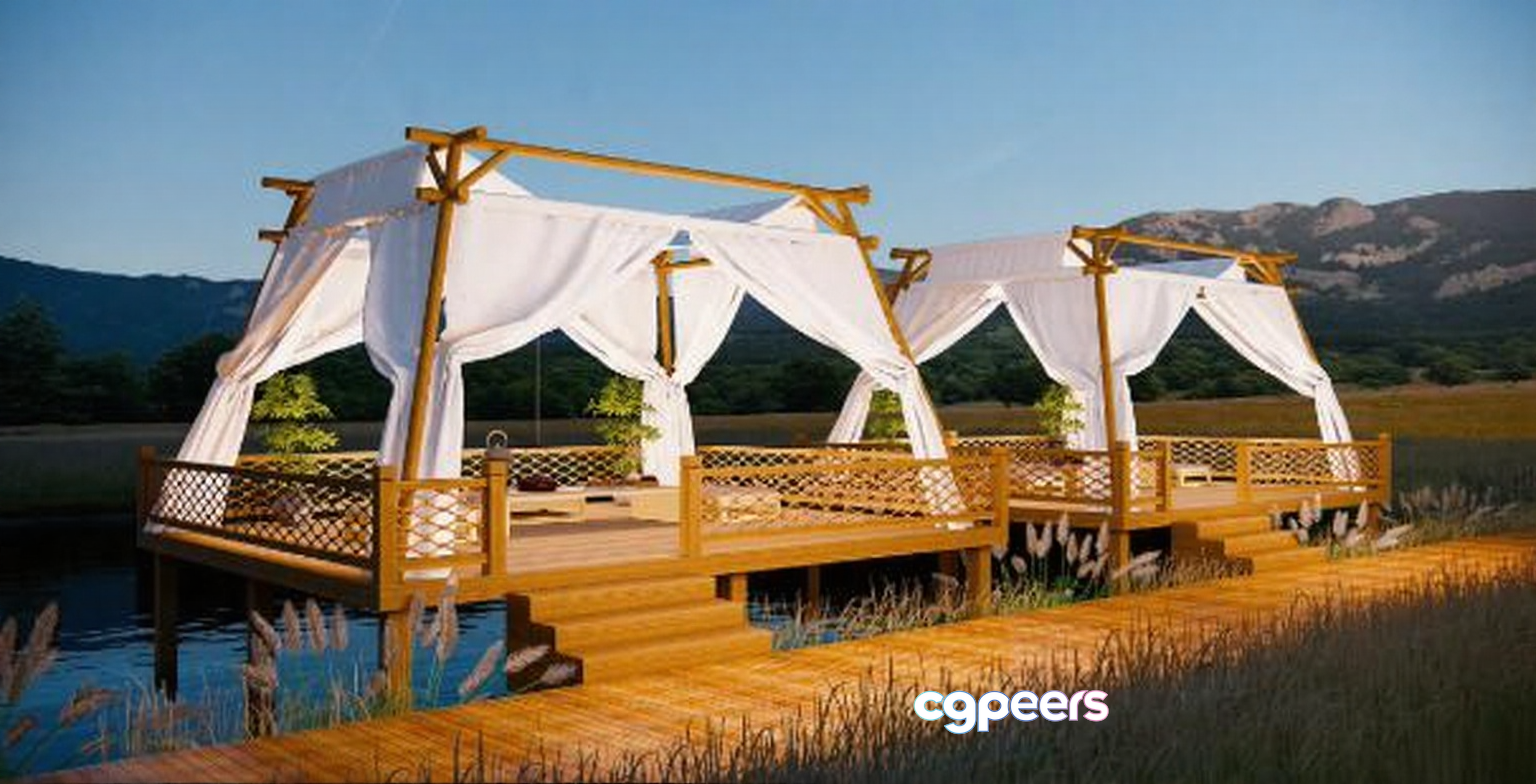 A Serene Outdoor Setting With A Wooden Dock And White Canopy 3D Model - 12058 - VRAY Render