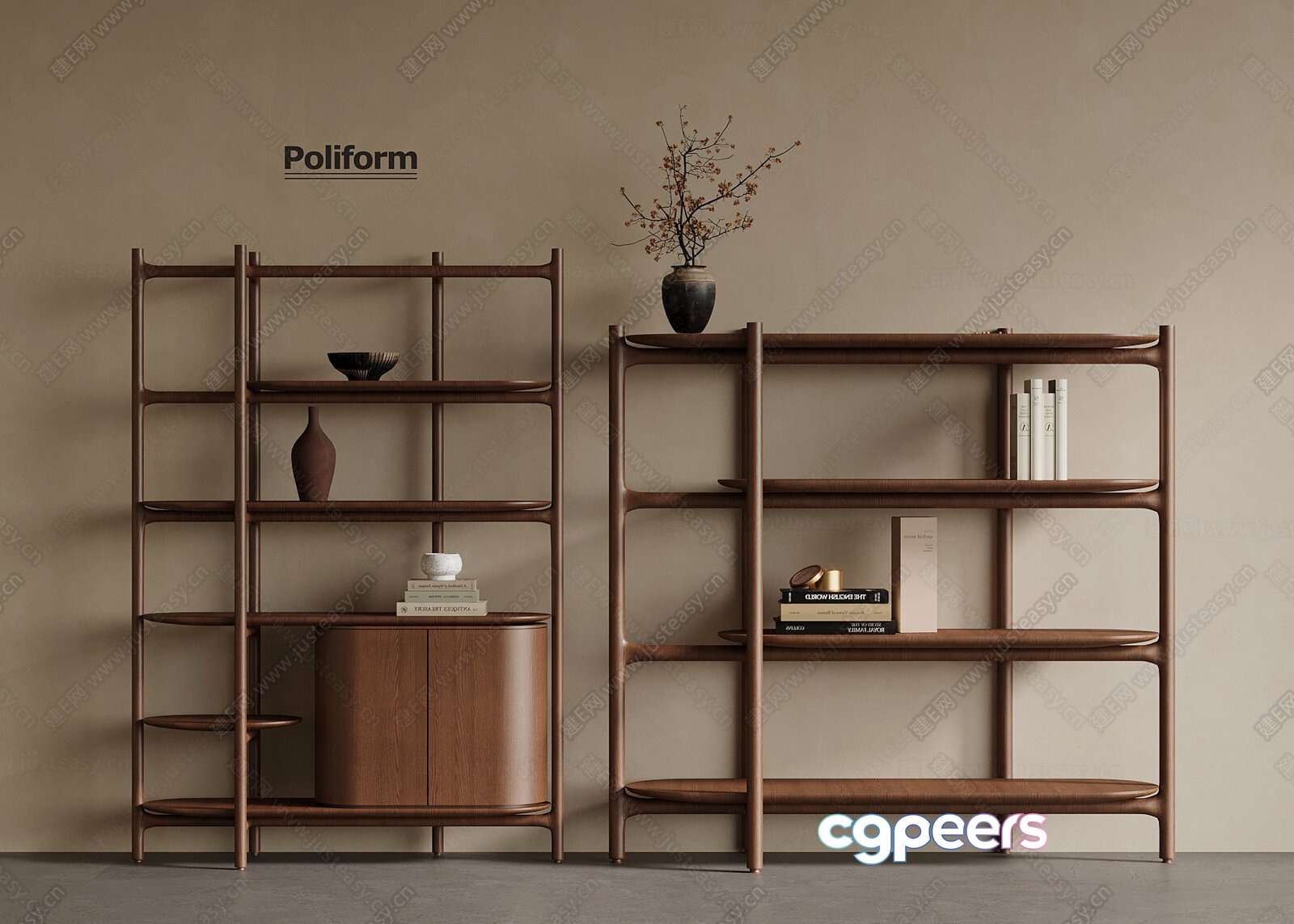 A Bookshelf With Books And Vases On It 3D Model - 12196 - VRAY Render