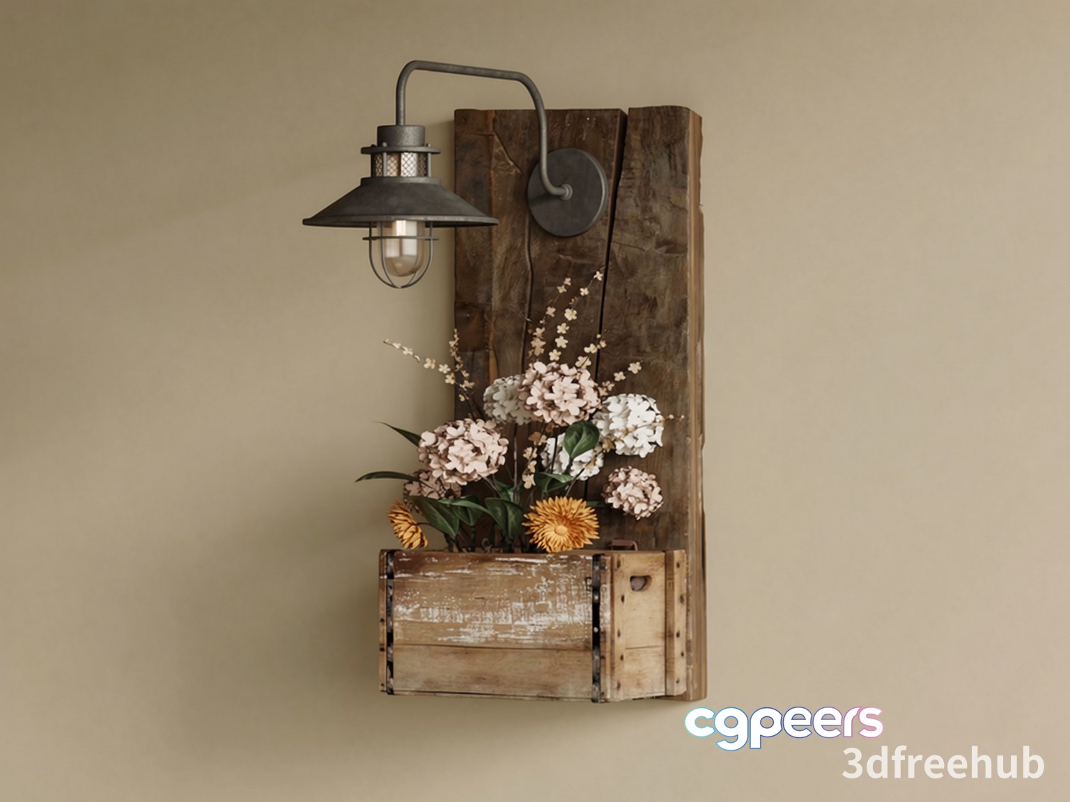 Wooden Wall Hanging With Flowers And Light Fixture 3D Model - 23354 - VRAY Render