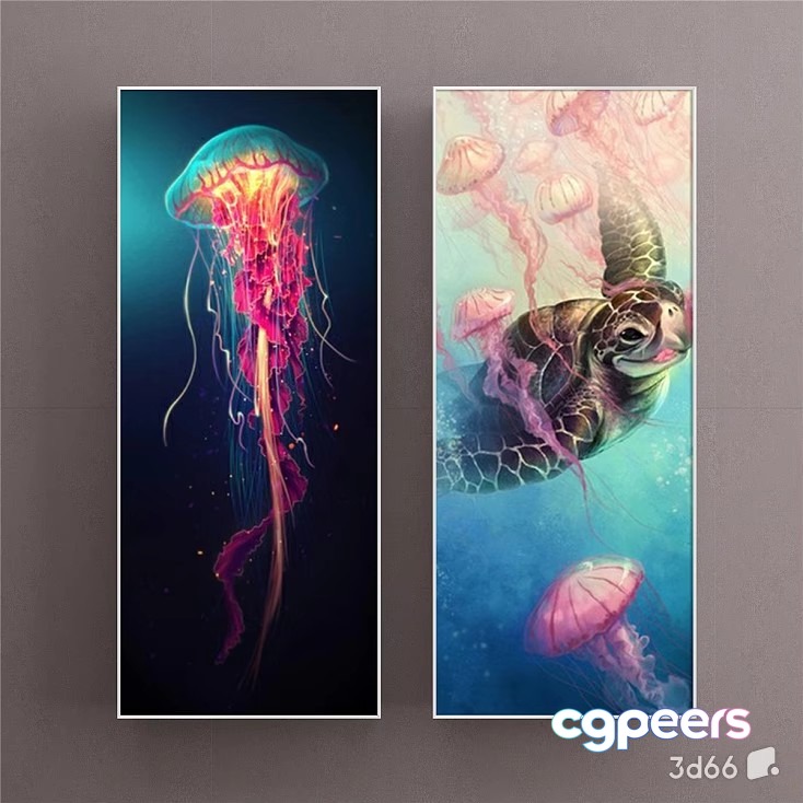 A Jellyfish And Turtle Underwater 3D Model - 19036 - VRAY Render