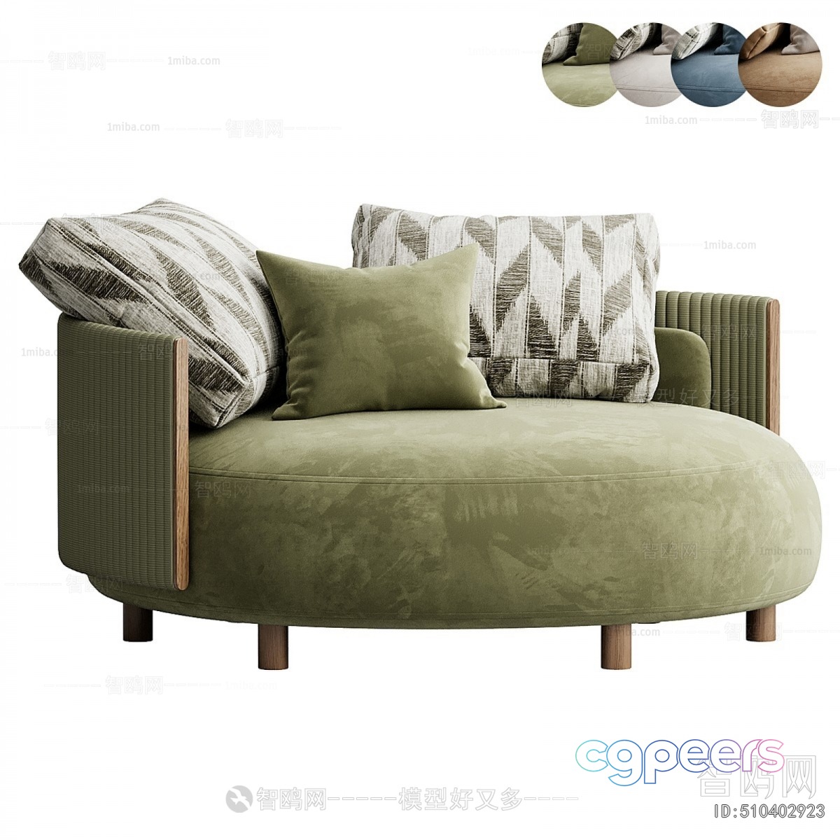 A Green Sofa With A Patterned Back Cushion 3D Model - 23472 - VRAY Render