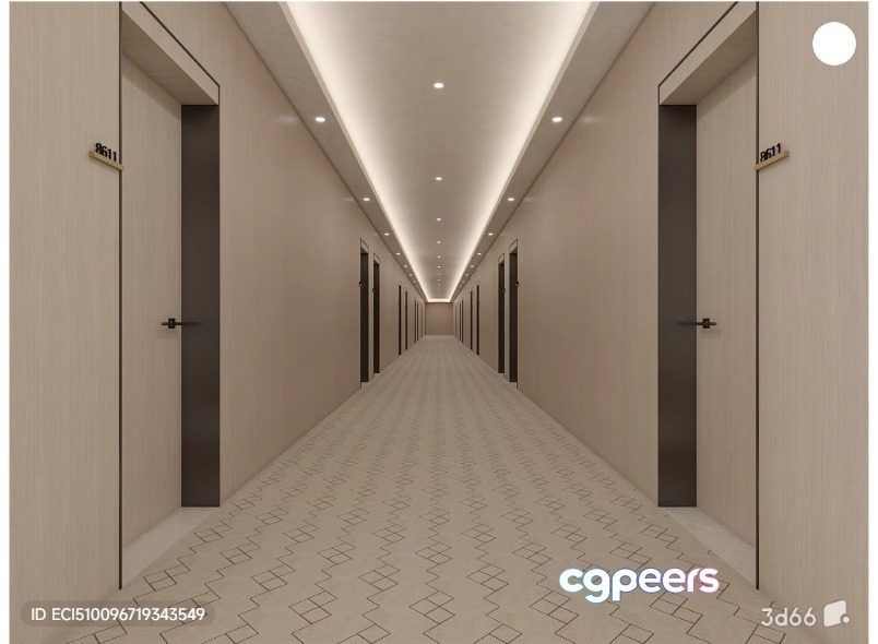 A Long Hallway With Doors 3D Model - 2510 - VRAY Render