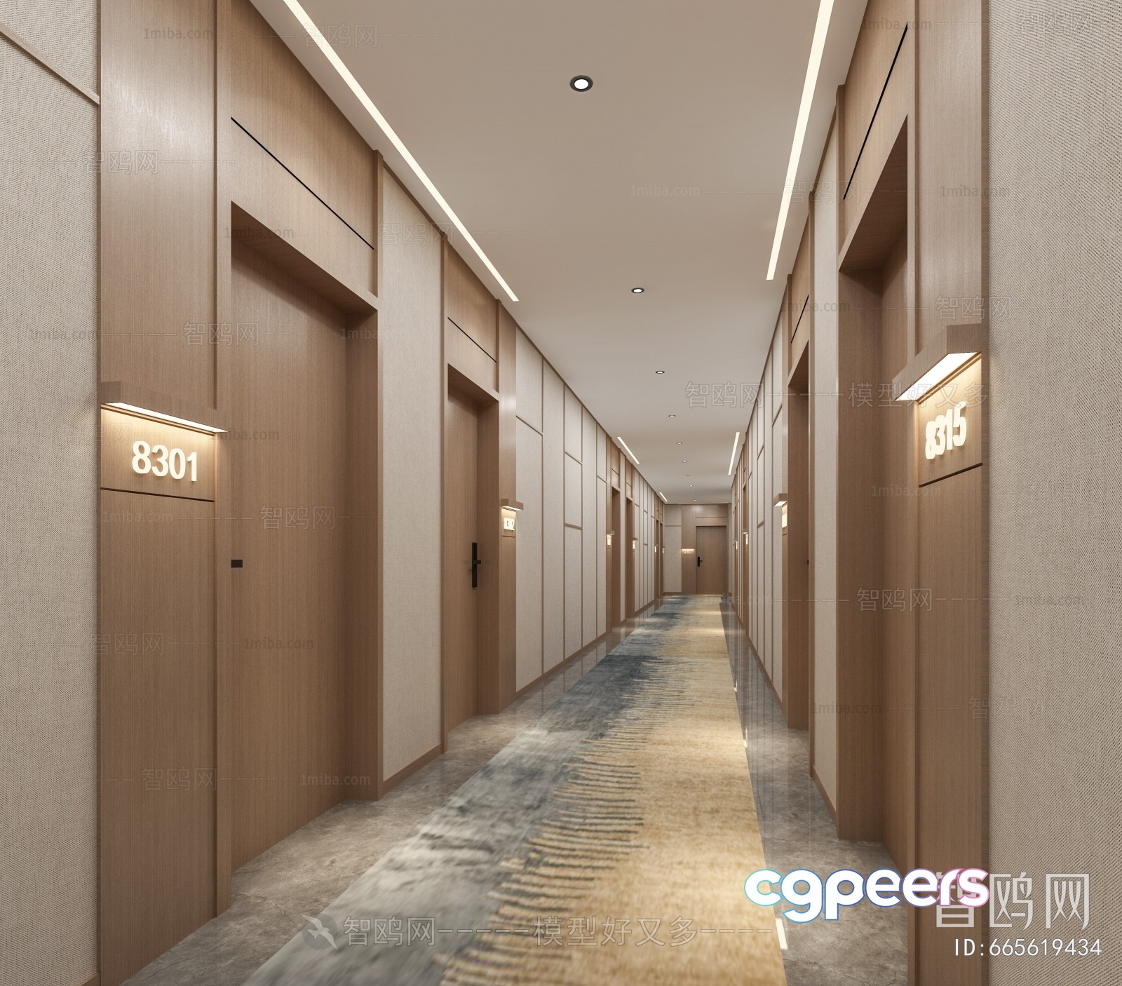 A Long Hallway With Beige Walls And Doors 3D Model - 21268 - VRAY Render