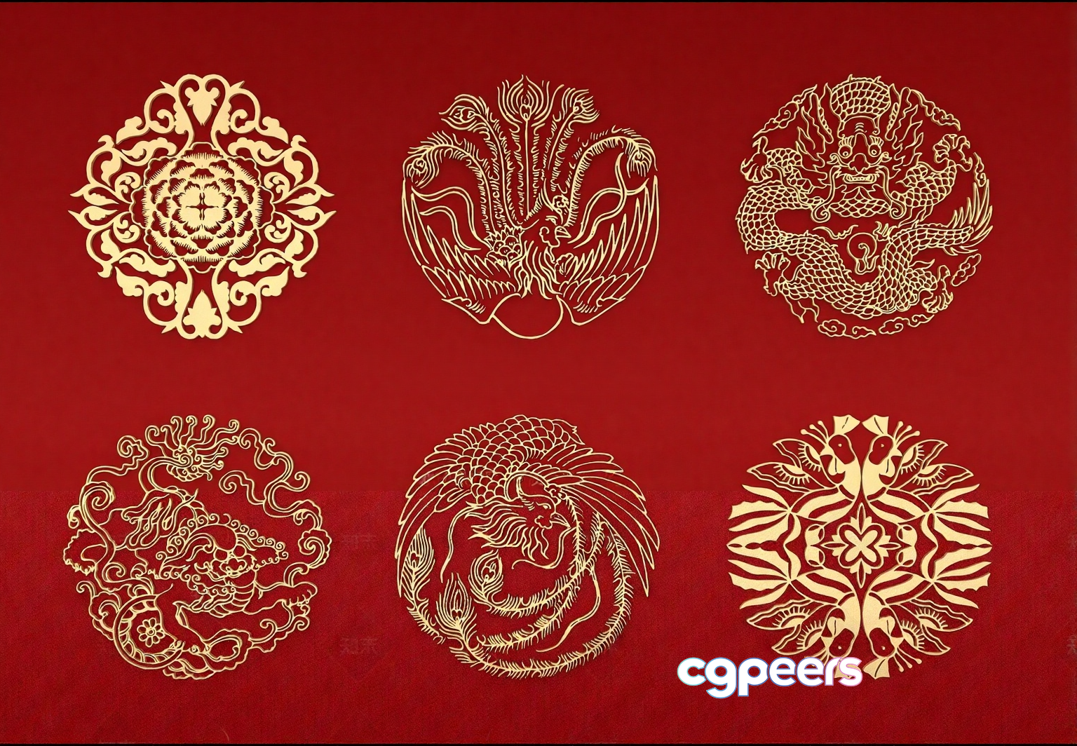 Gold Designs On A Red Background 3D Model - 2133 - VRAY Render