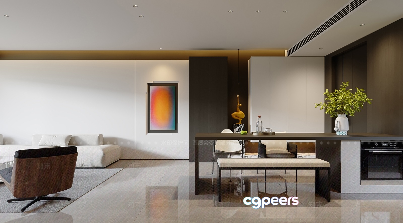 Modern Open-Concept Kitchen And Living Room 3D Model - 19574 - VRAY Render
