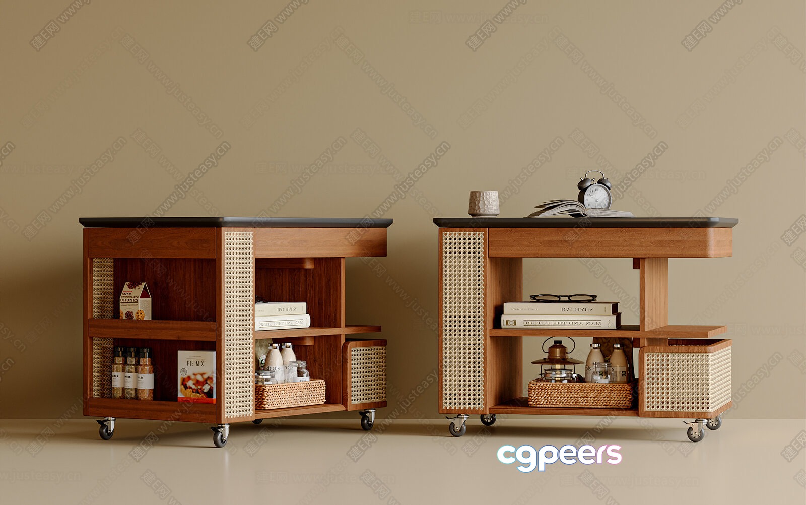 Two Wooden Carts With Wheels Featuring Open Shelves And Wicker Baskets 3D Model - 13936 - VRAY Render
