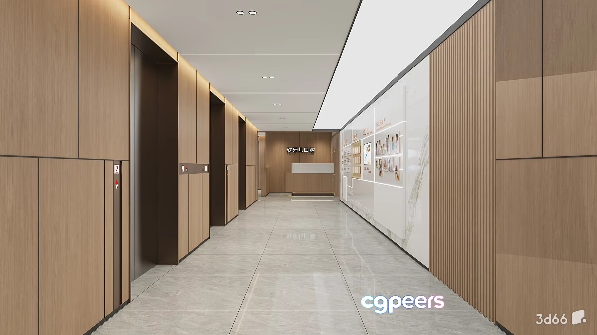 The Main Subject Is A Long Hallway With Elevators 3D Model - 22488 - VRAY Render