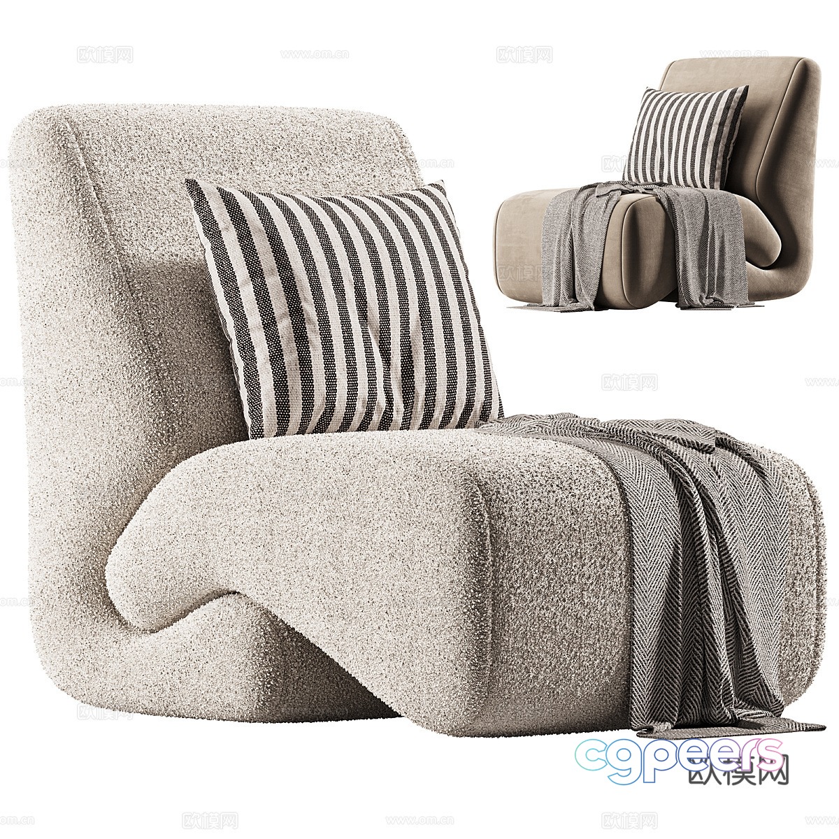 A Beige Chair With A Striped Pillow 3D Model - 3329 - CORONA Render