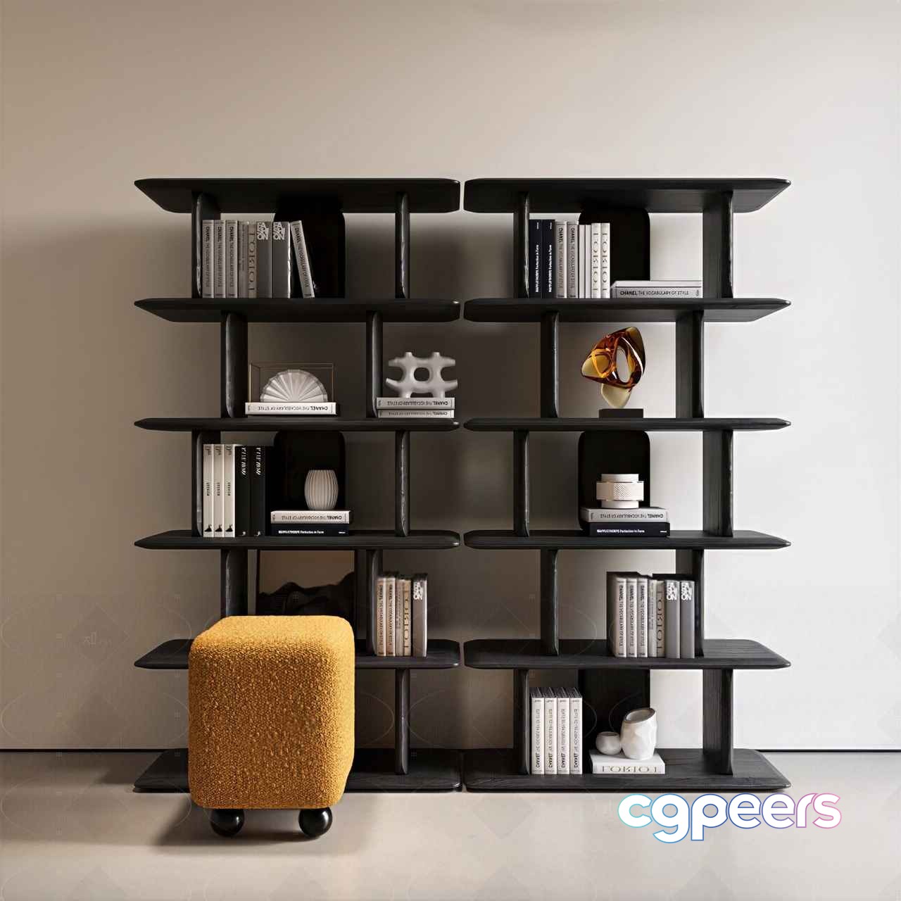 A Bookshelf With A Yellow Stool In Front Of It 3D Model - 1712 - CORONA Render