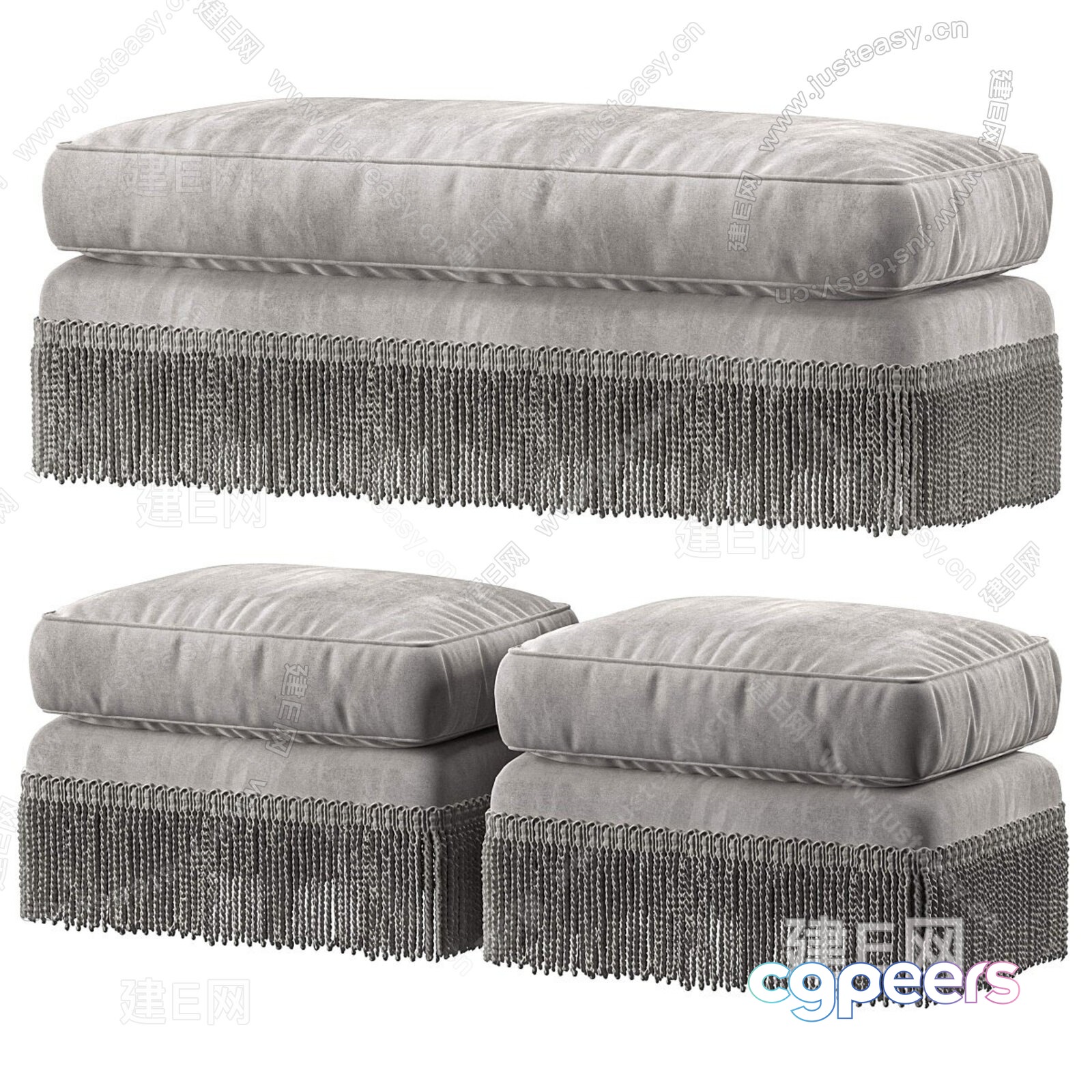 Gray Cushioned Ottomans With Fringe 3D Model - 6827 - VRAY Render Gray Cushioned Ottomans With Fringe 3D Model - 6827 - VRAY Render