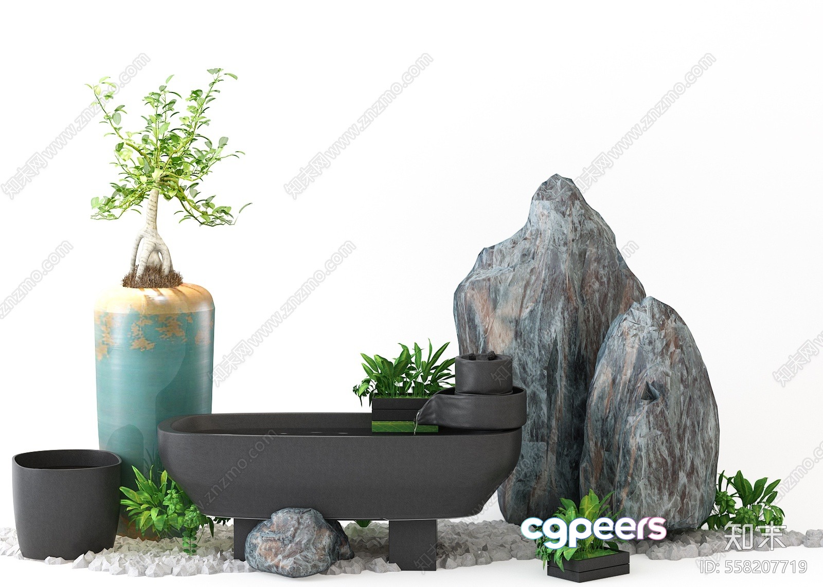 A Stone And Plant Arrangement 3D Model - 16110 - VRAY Render A Stone And Plant Arrangement 3D Model - 16110 - VRAY Render