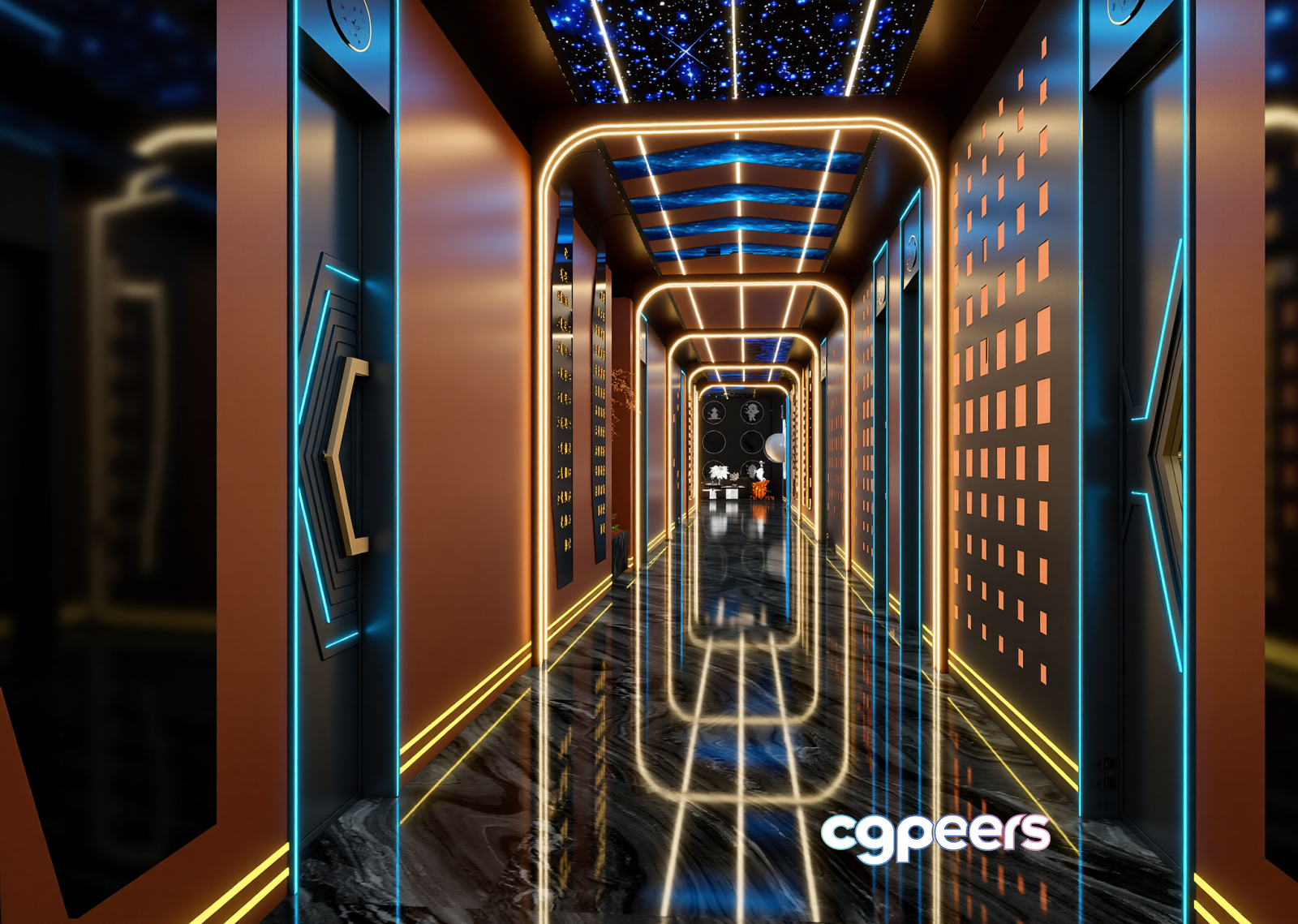 A Futuristic Hallway With Neon Lights 3D Model - 6929 - VRAY Render