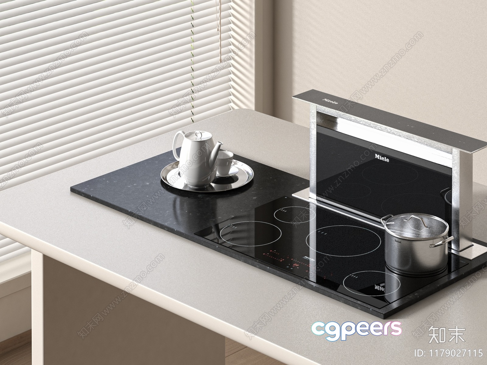 A Kitchen Countertop With A Built-In Cooktop And A Window With Blinds 3D Model - 11214 - VRAY Render A Kitchen Countertop With A Built-In Cooktop And A Window With Blinds 3D Model - 11214 - VRAY Render